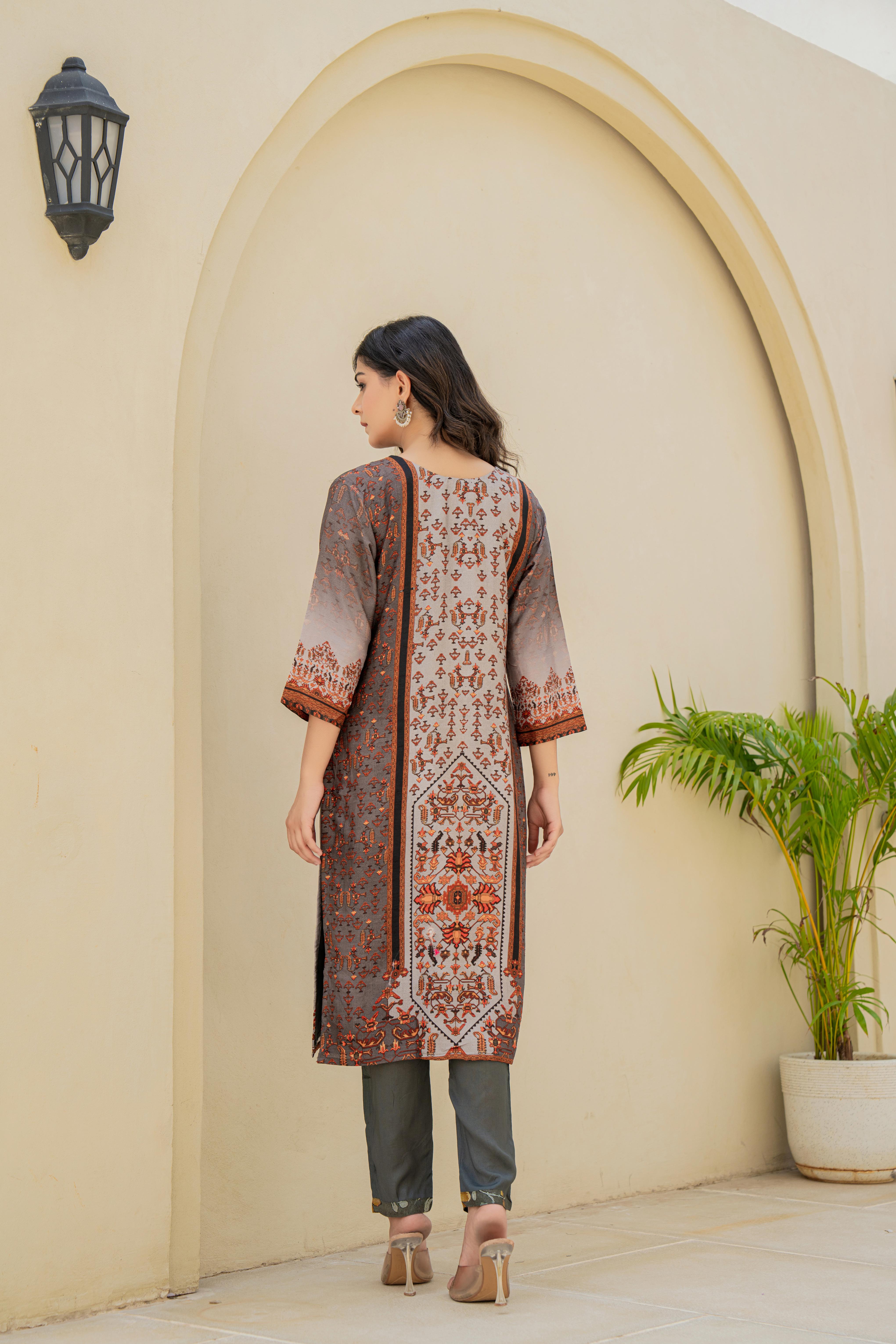Grey Embroidered Kurti Set with Ornate Dupatta | House of Olivia back view