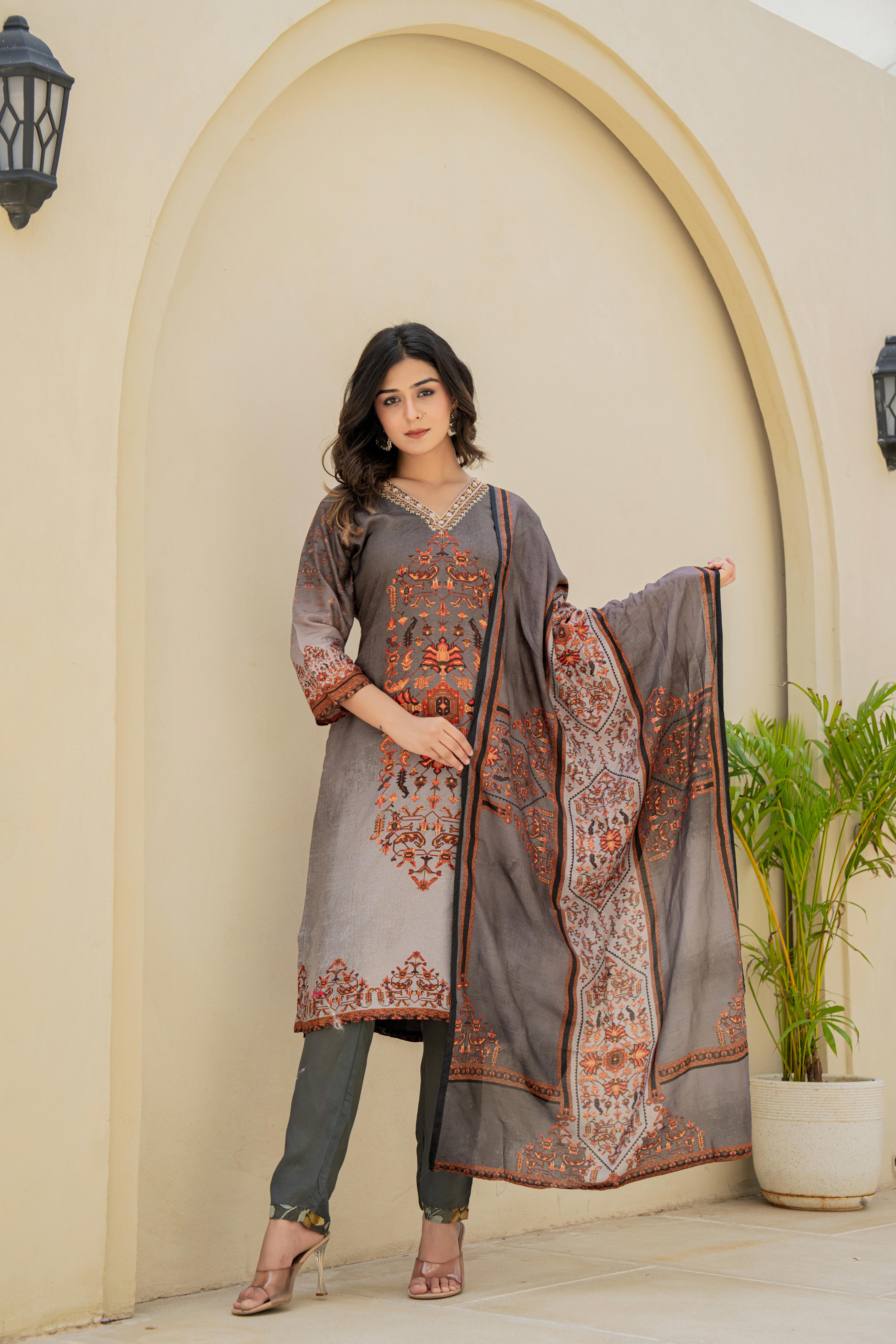Grey Embroidered Kurti Set with Ornate Dupatta | House of Olivia front view