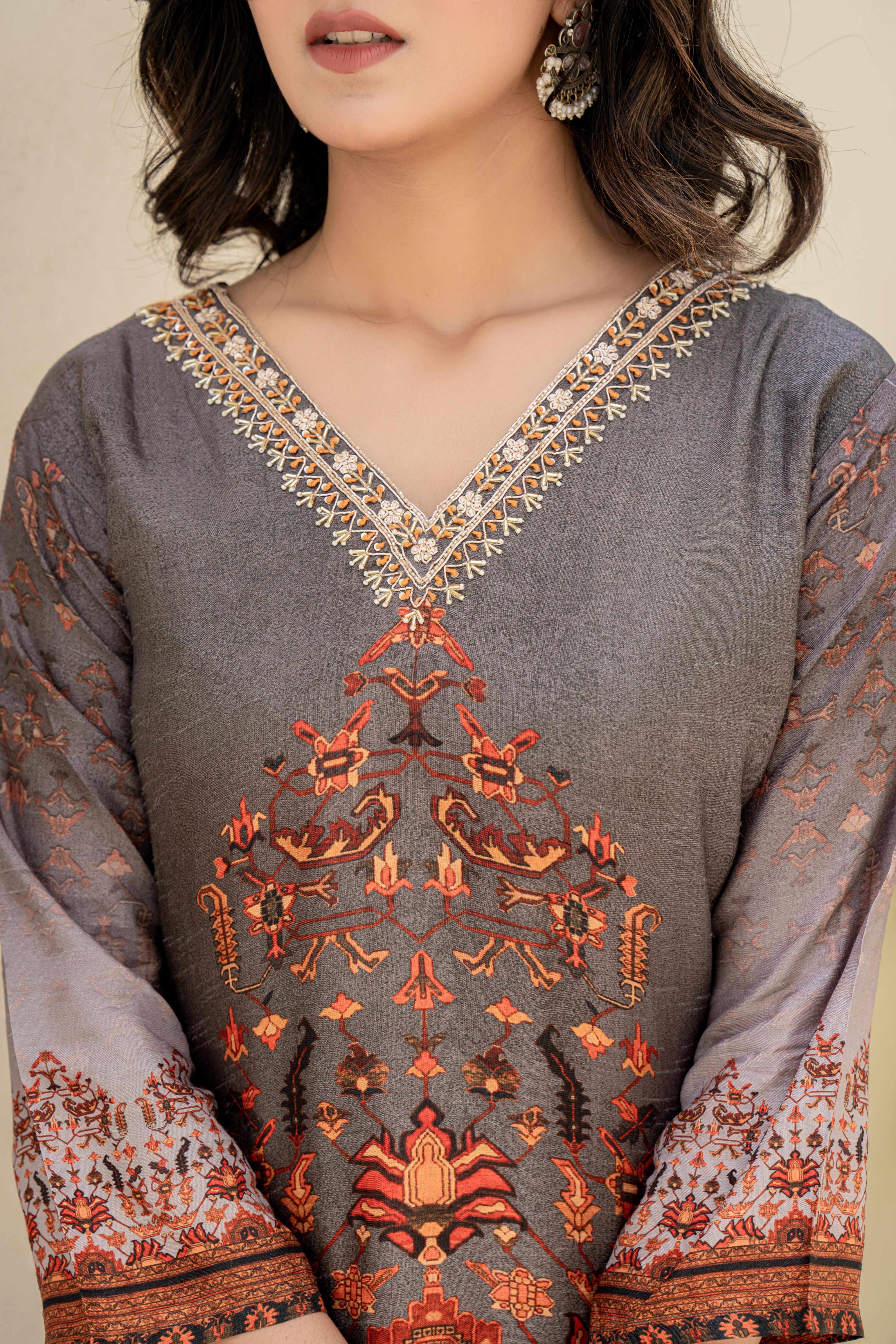 Grey Embroidered Kurti Set with Ornate Dupatta | House of Olivia neckline view