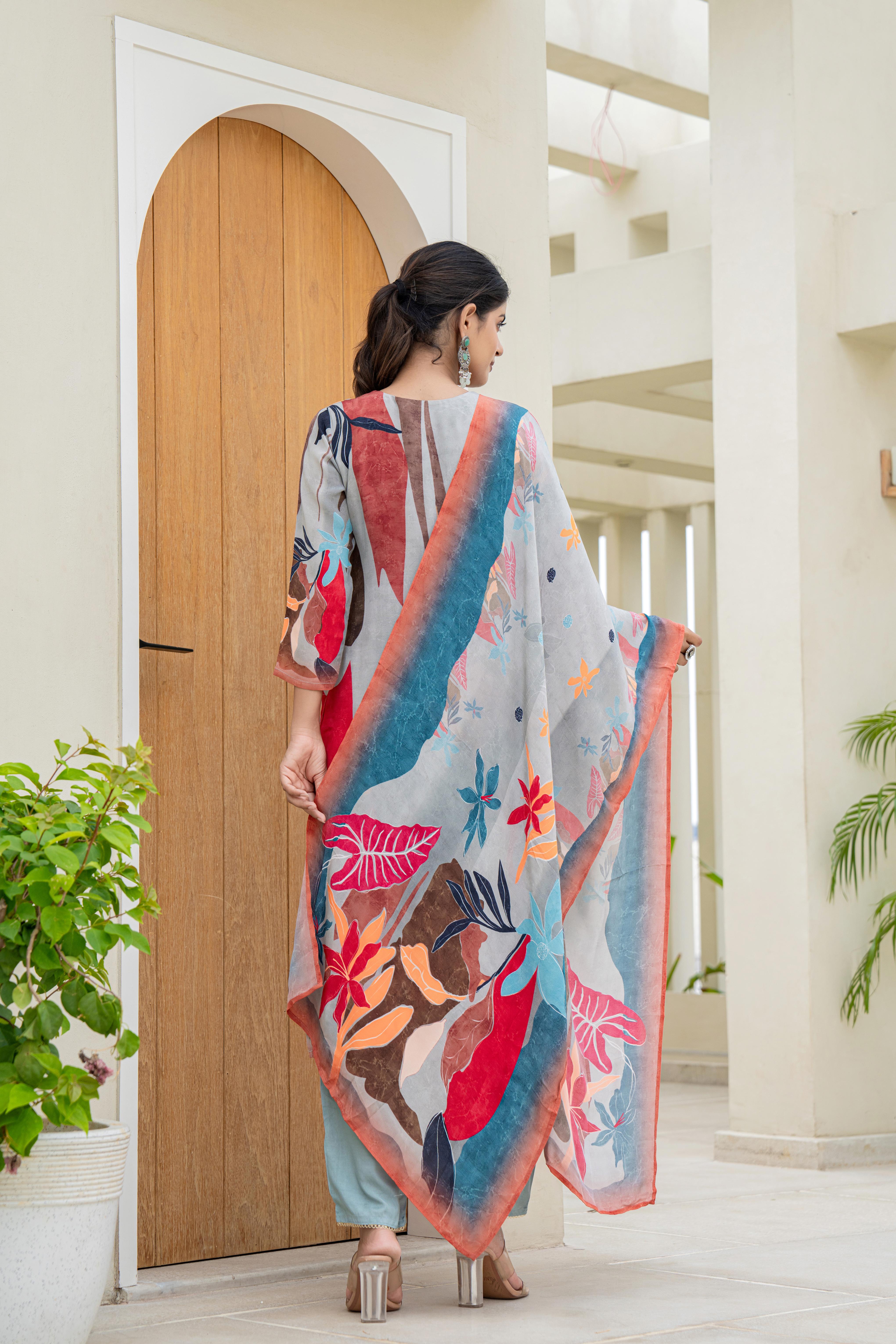 Grey Abstract Printed Kurti Set with Embellished Neckline and Dupatta | House of Olivia back view
