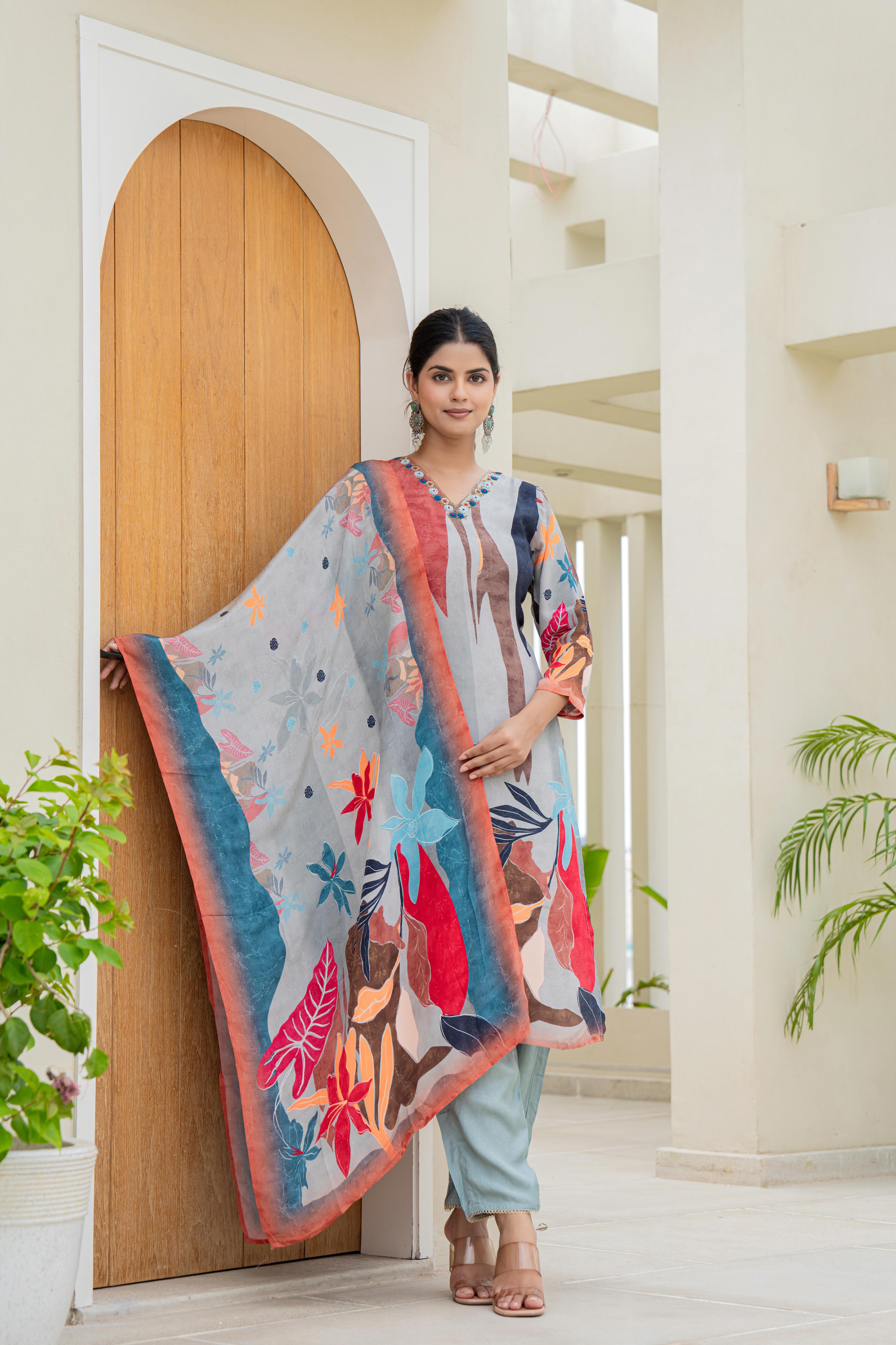 Grey Abstract Printed Kurti Set with Embellished Neckline and Dupatta | House of Olivia dupatta view