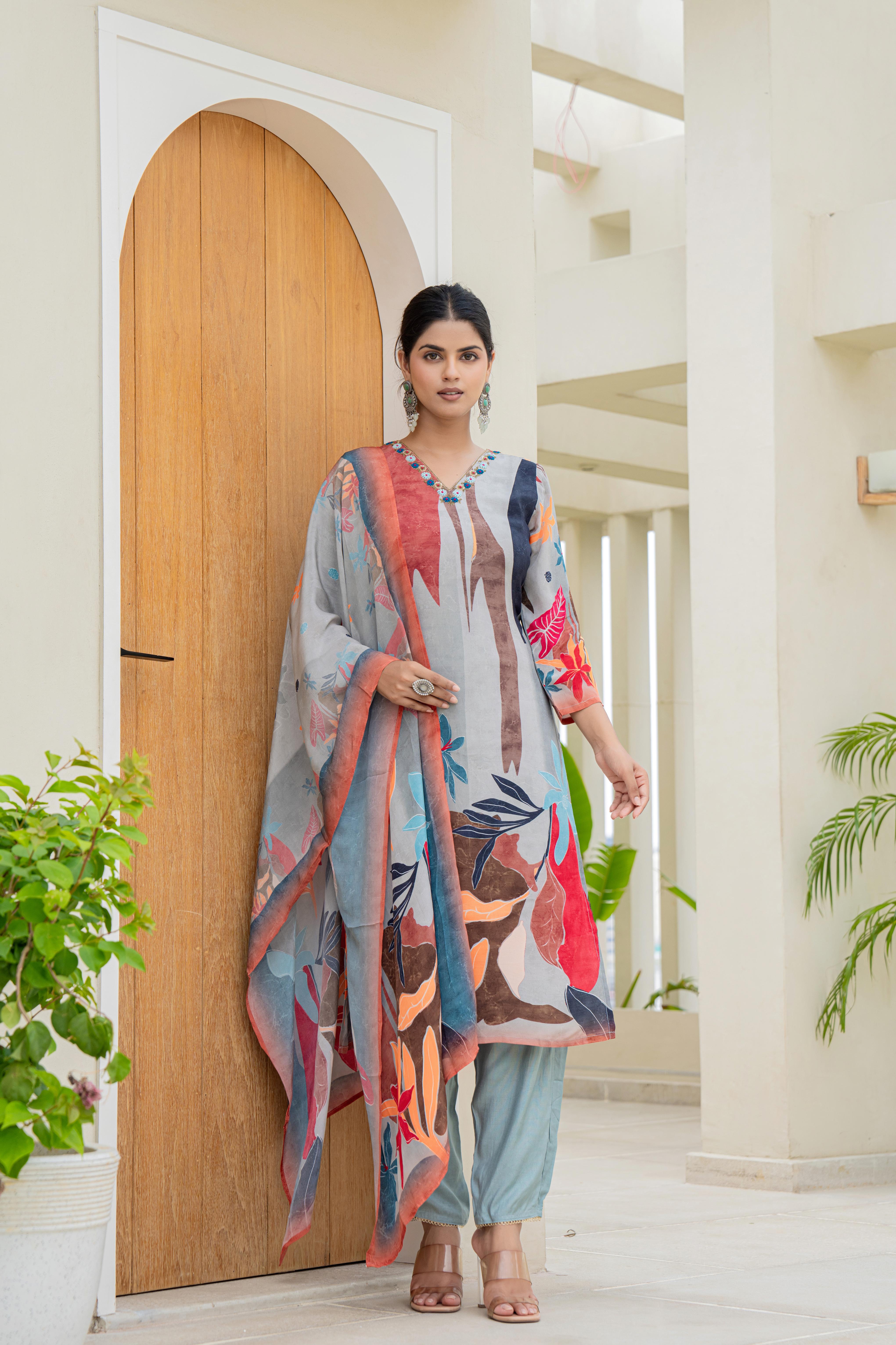 Grey Abstract Printed Kurti Set with Embellished Neckline and Dupatta | House of Olivia front view