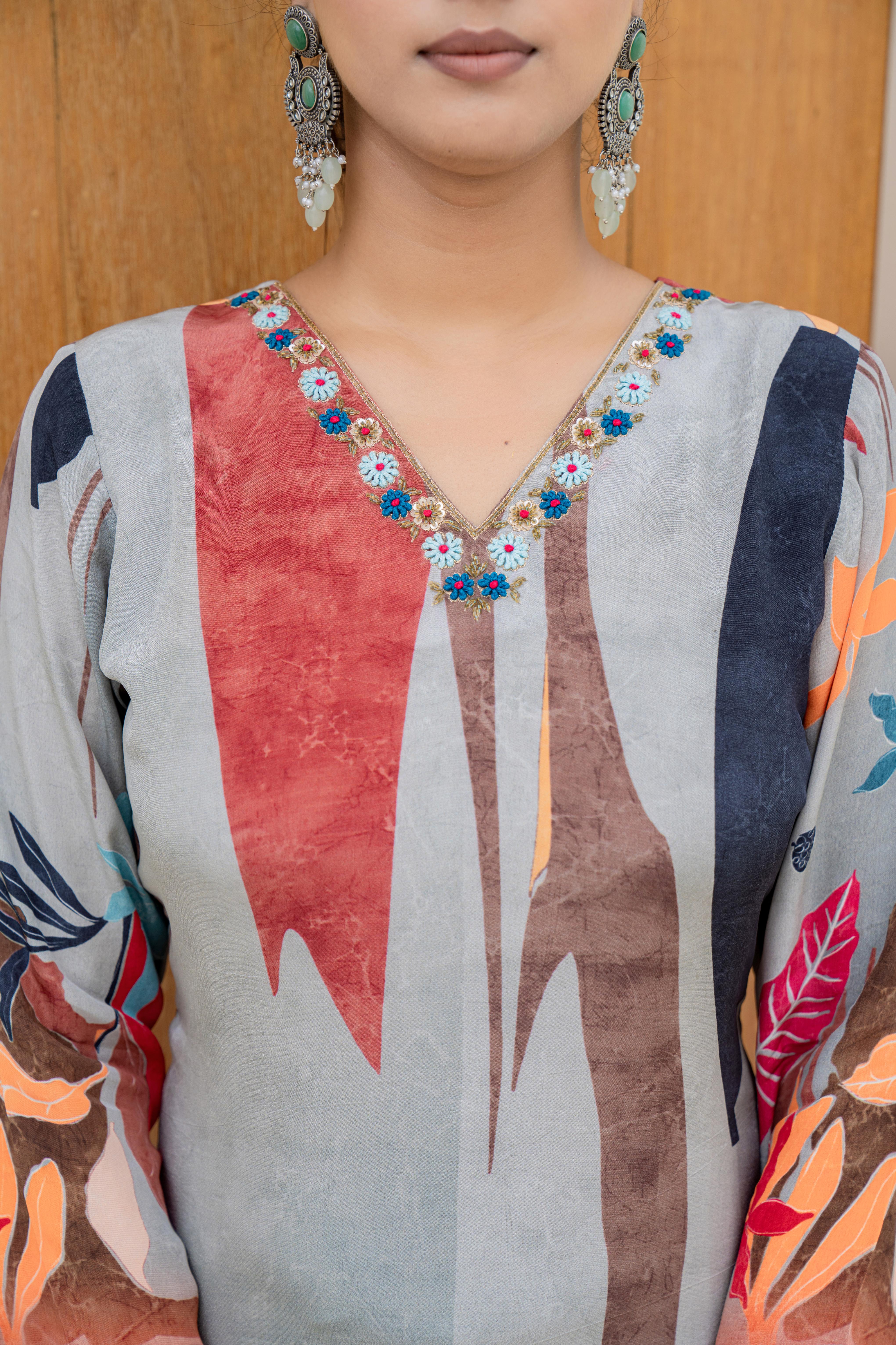Grey Abstract Printed Kurti Set with Embellished Neckline and Dupatta | House of Olivia neckline view