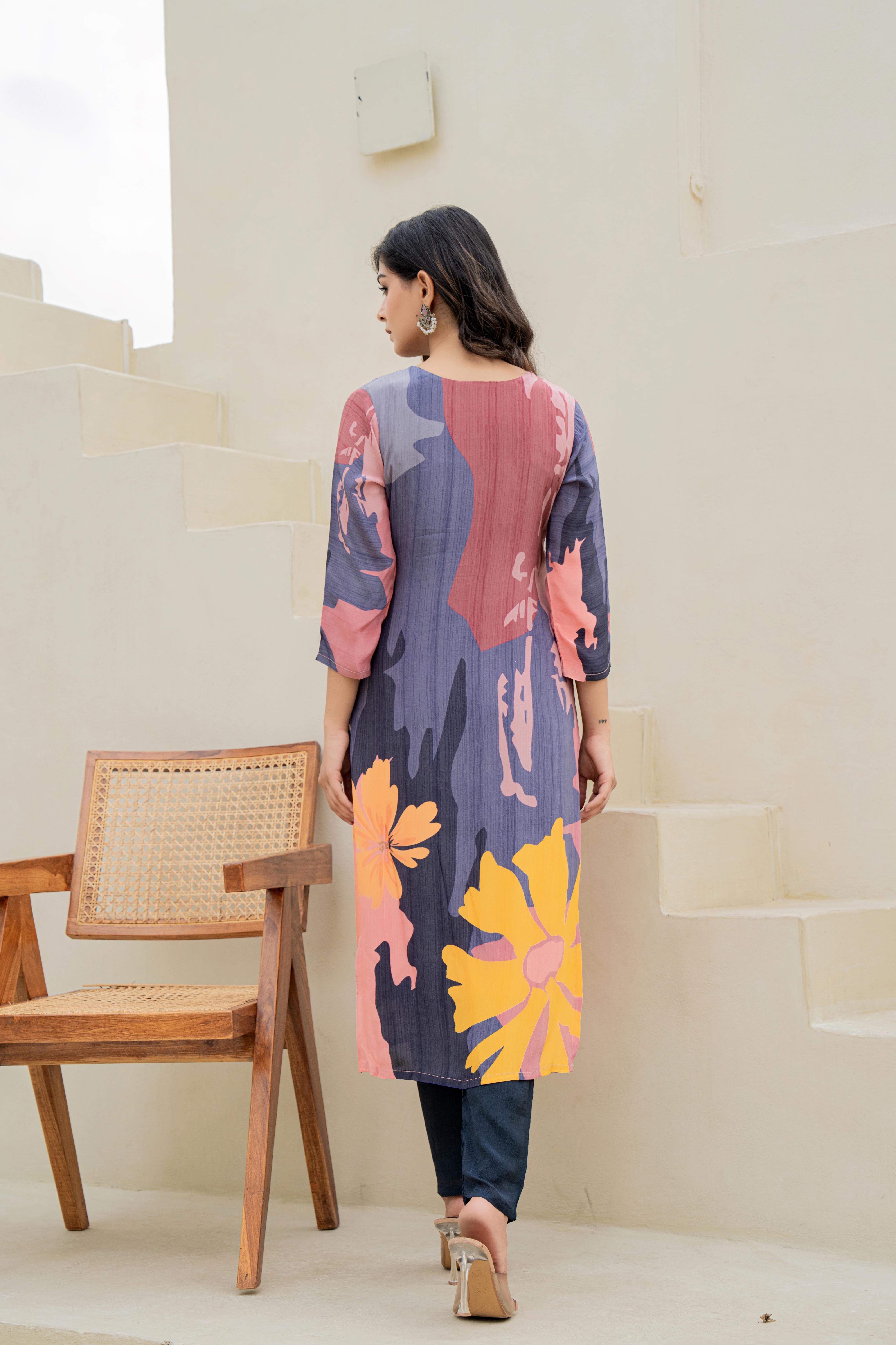Navy Blue Floral Printed Kurti Set with Contrasting Dupatta | House of Olivia back view