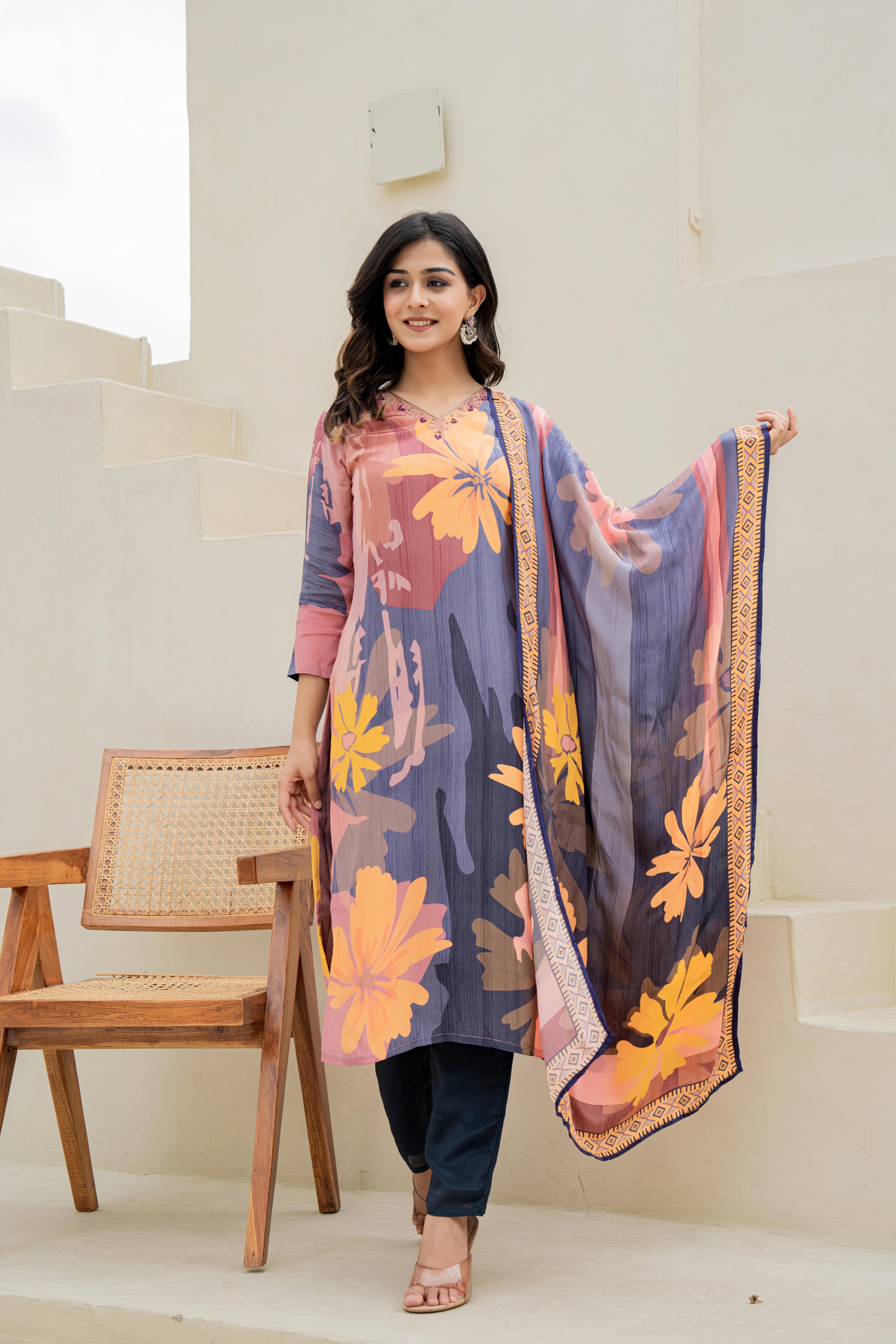Navy Blue Floral Printed Kurti Set with Contrasting Dupatta | House of Olivia dupatta view