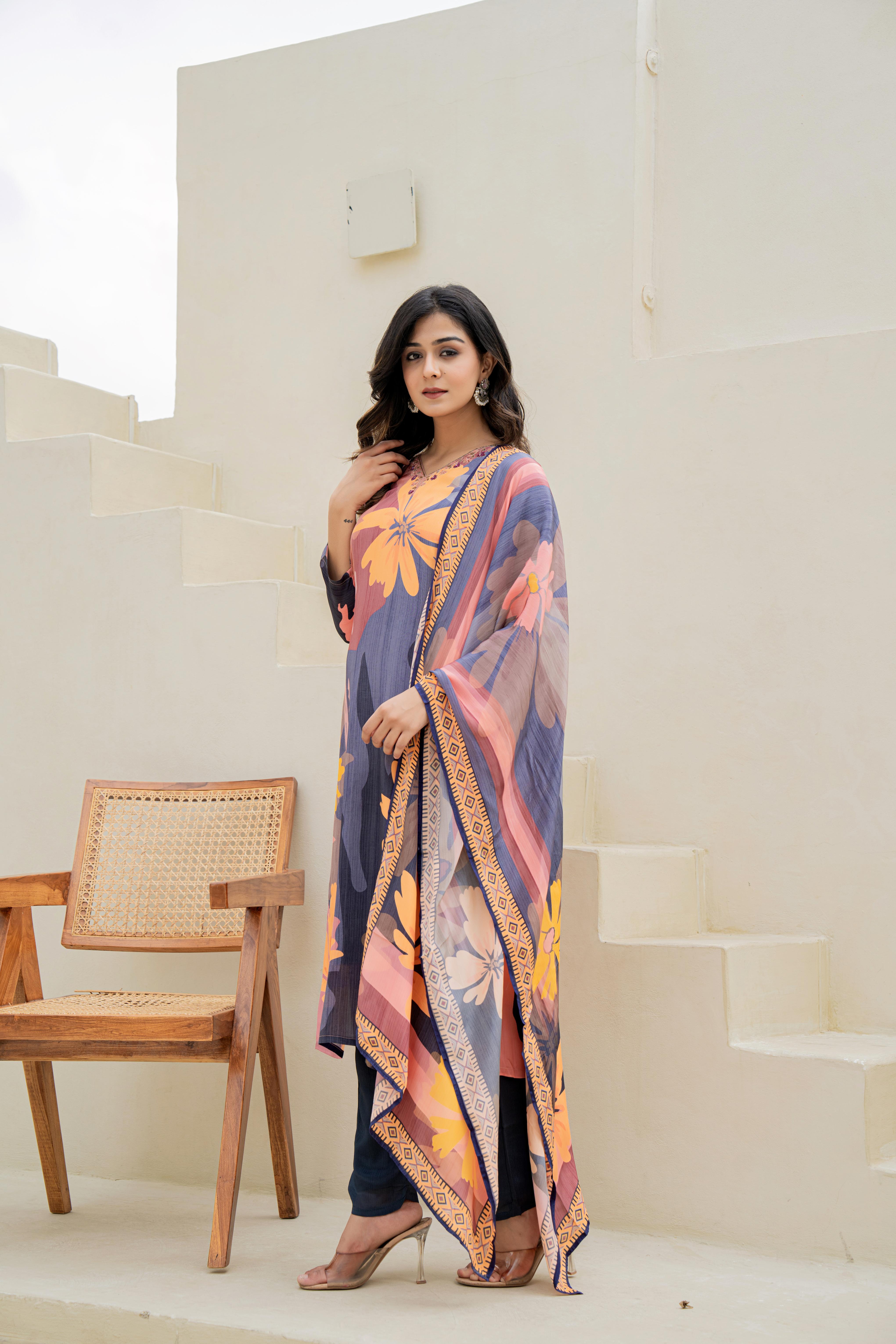 Navy Blue Floral Printed Kurti Set with Contrasting Dupatta | House of Olivia side view