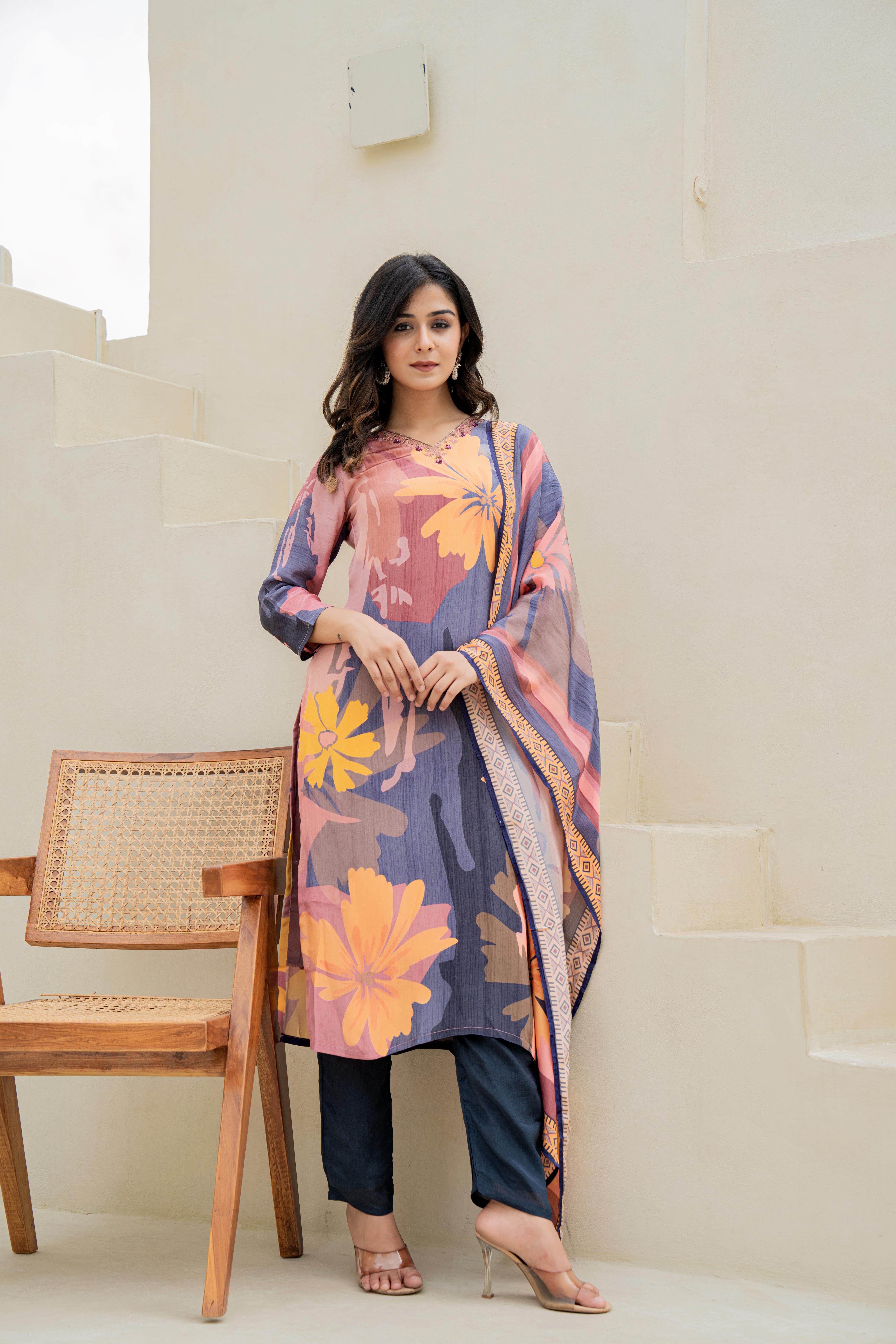 Navy Blue Floral Printed Kurti Set with Contrasting Dupatta | House of Olivia front view