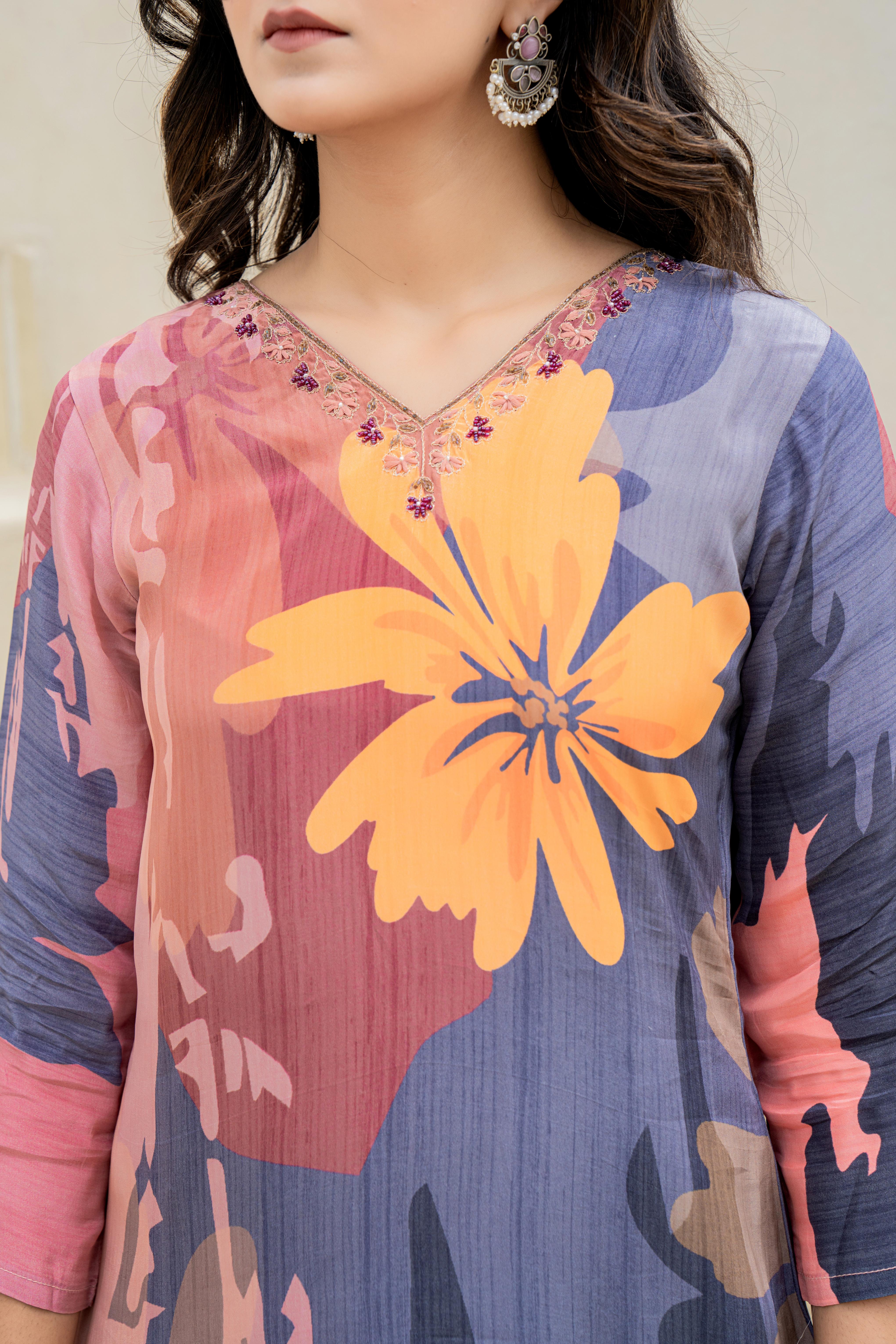Navy Blue Floral Printed Kurti Set with Contrasting Dupatta | House of Olivia neck line view