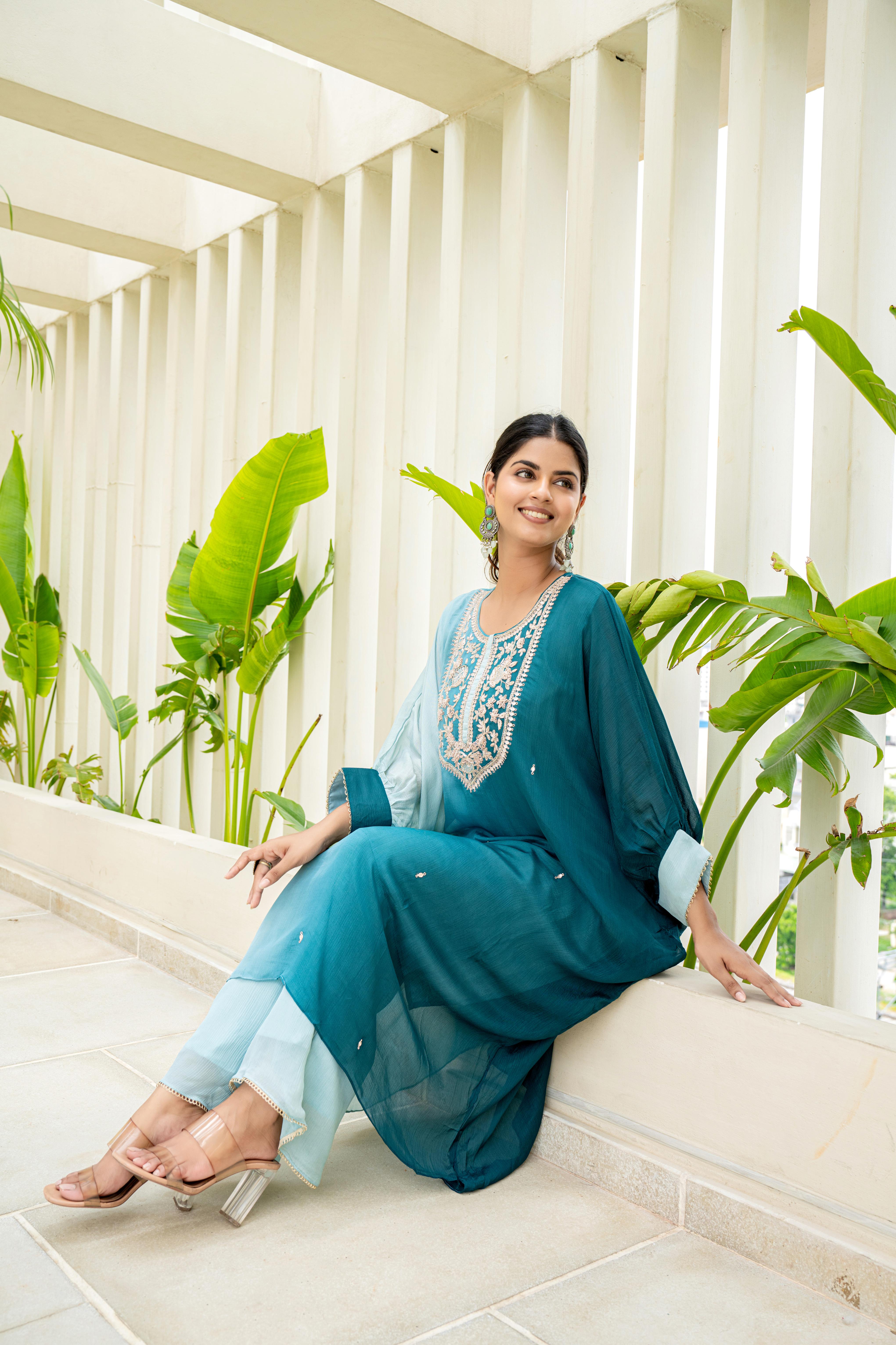 Aqua Ombre Indo-Western Co-ord Set with Embroidered Detailing | House of Olivia sitting view

