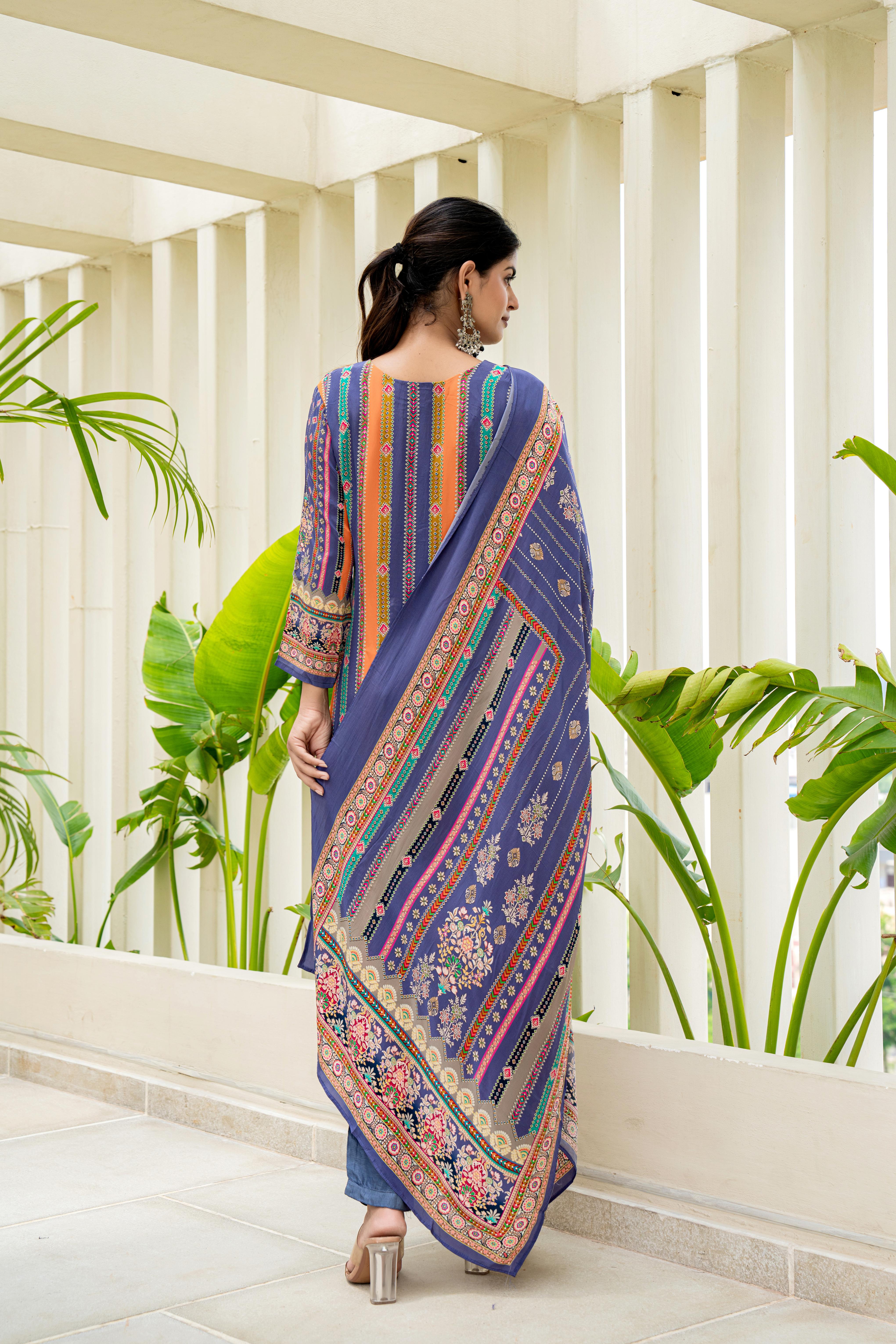 Royal Blue Embroidered Kurti Set with Dupatta | House of Olivia back view
