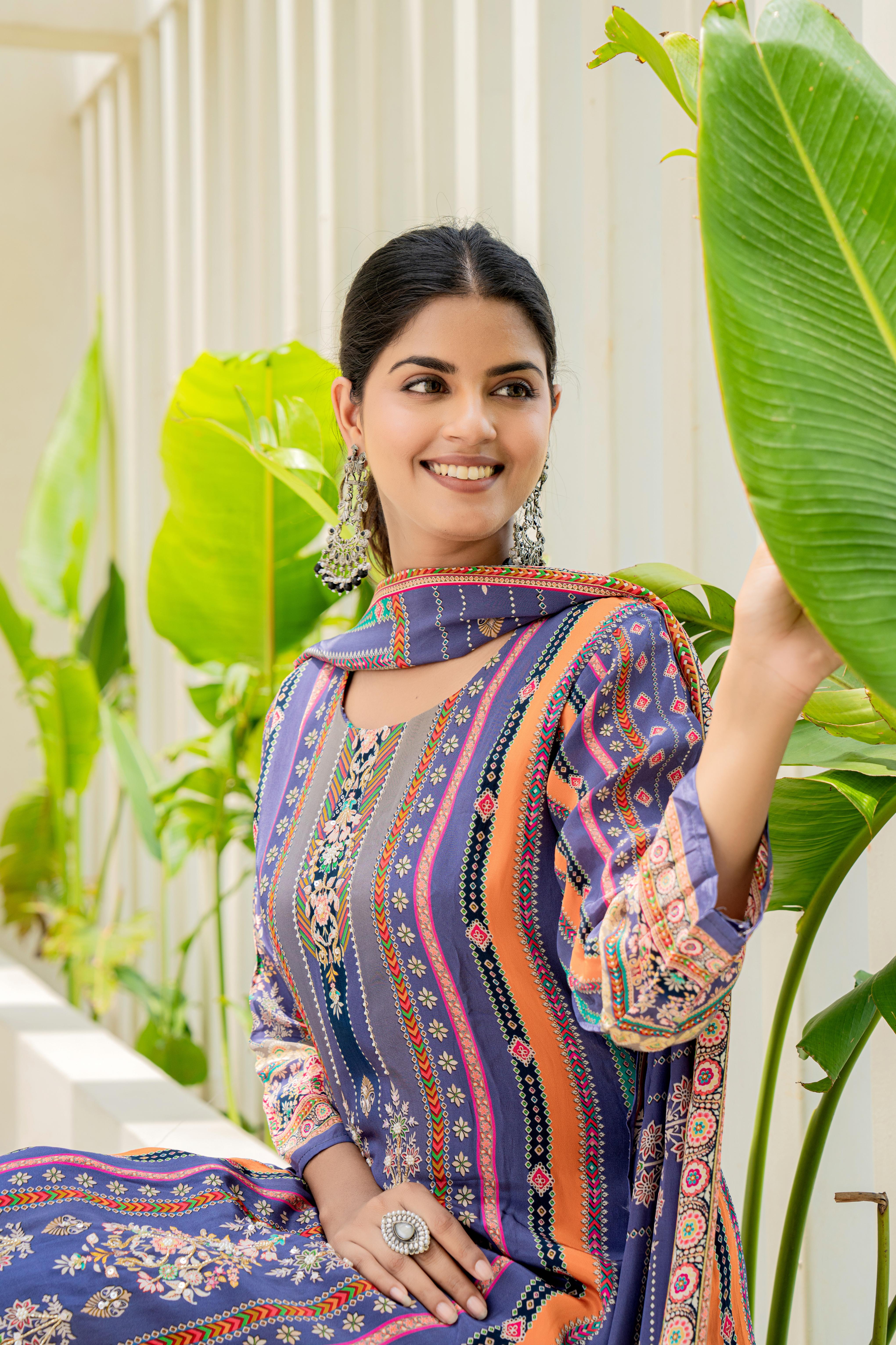 Royal Blue Embroidered Kurti Set with Dupatta | House of Olivia side view