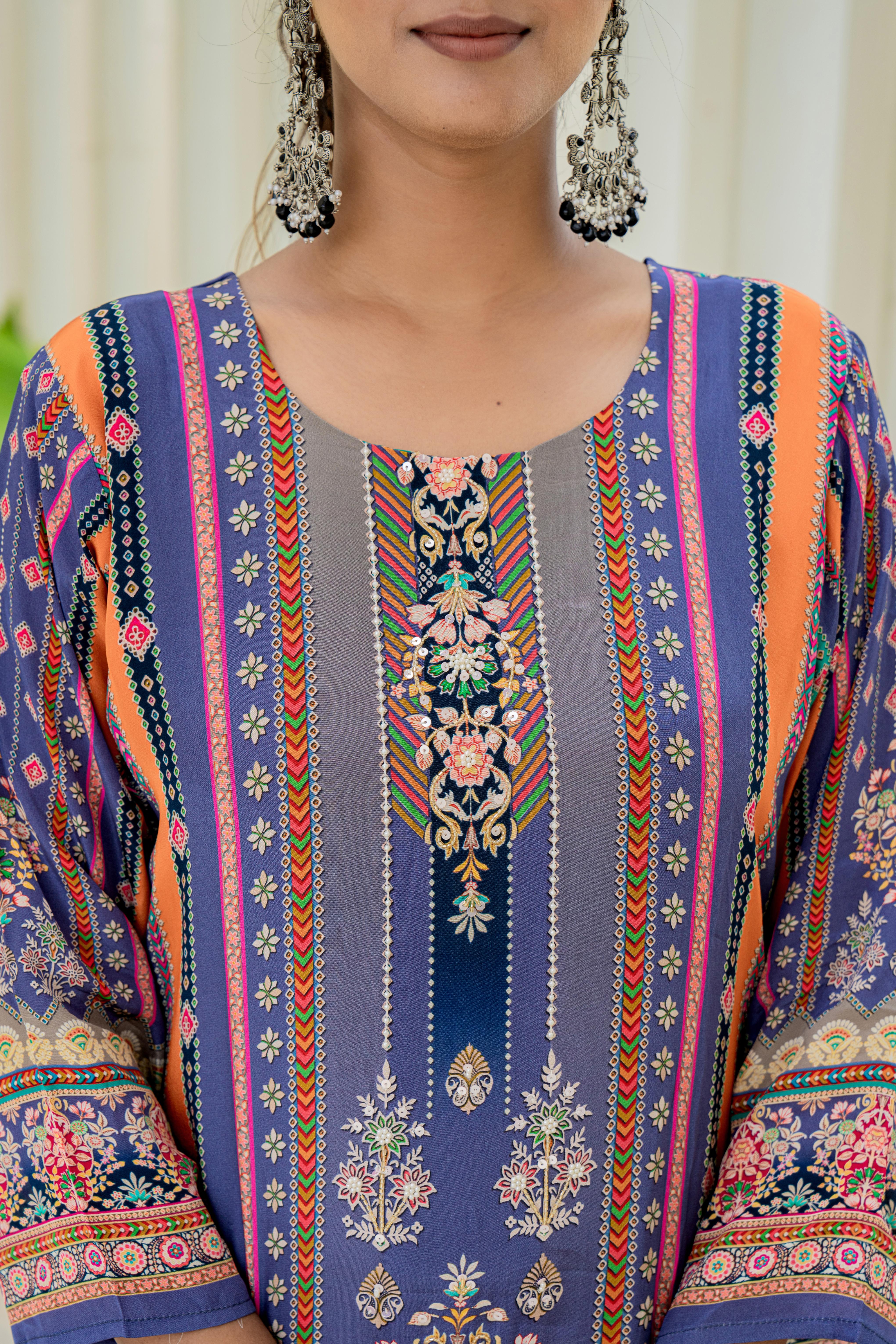 Royal Blue Embroidered Kurti Set with Dupatta | House of Olivia neckline vew