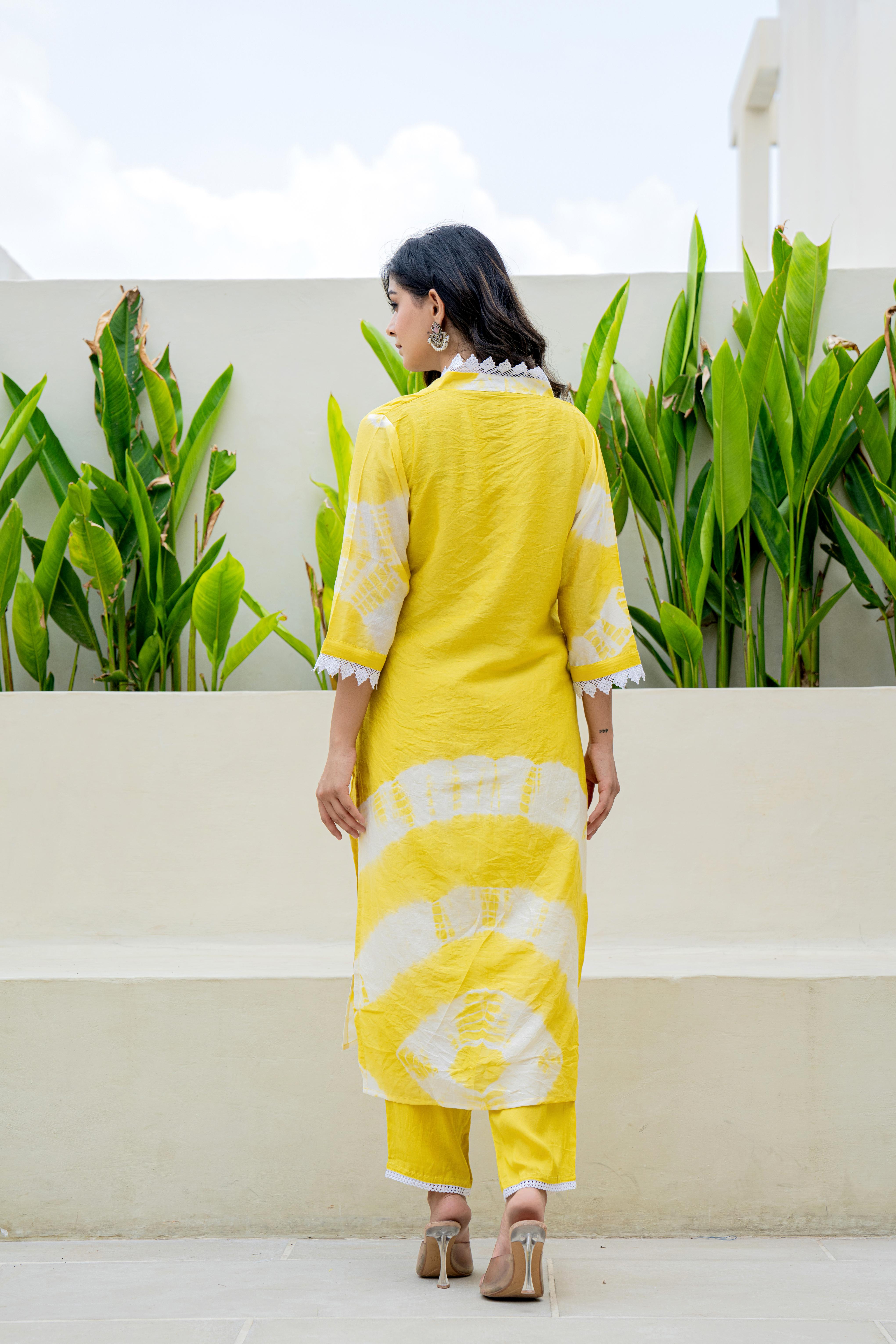 Sunshine Yellow Tie-Dye Kurti Set with Dupatta back view