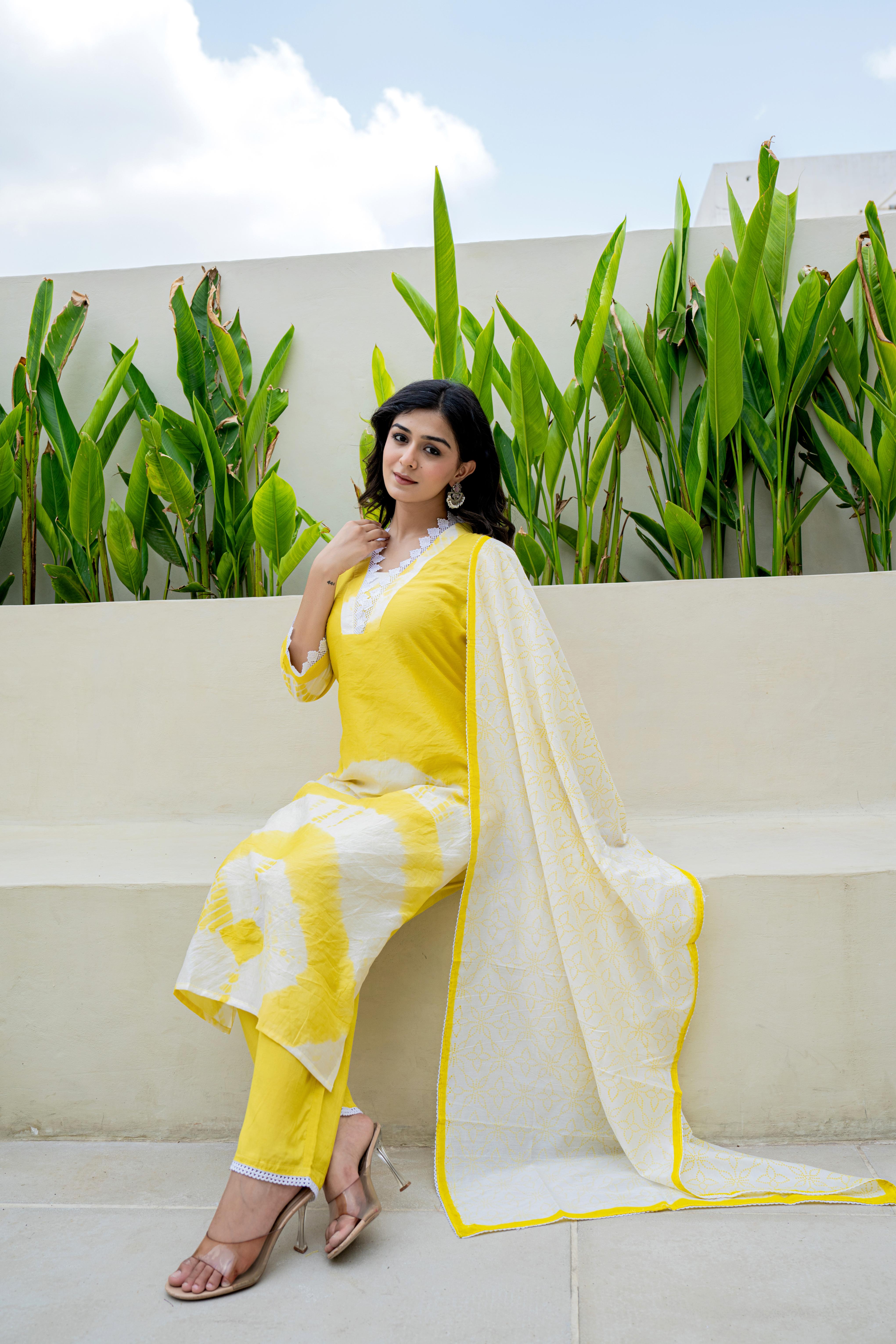 Sunshine Yellow Tie-Dye Kurti Set with Dupatta side view