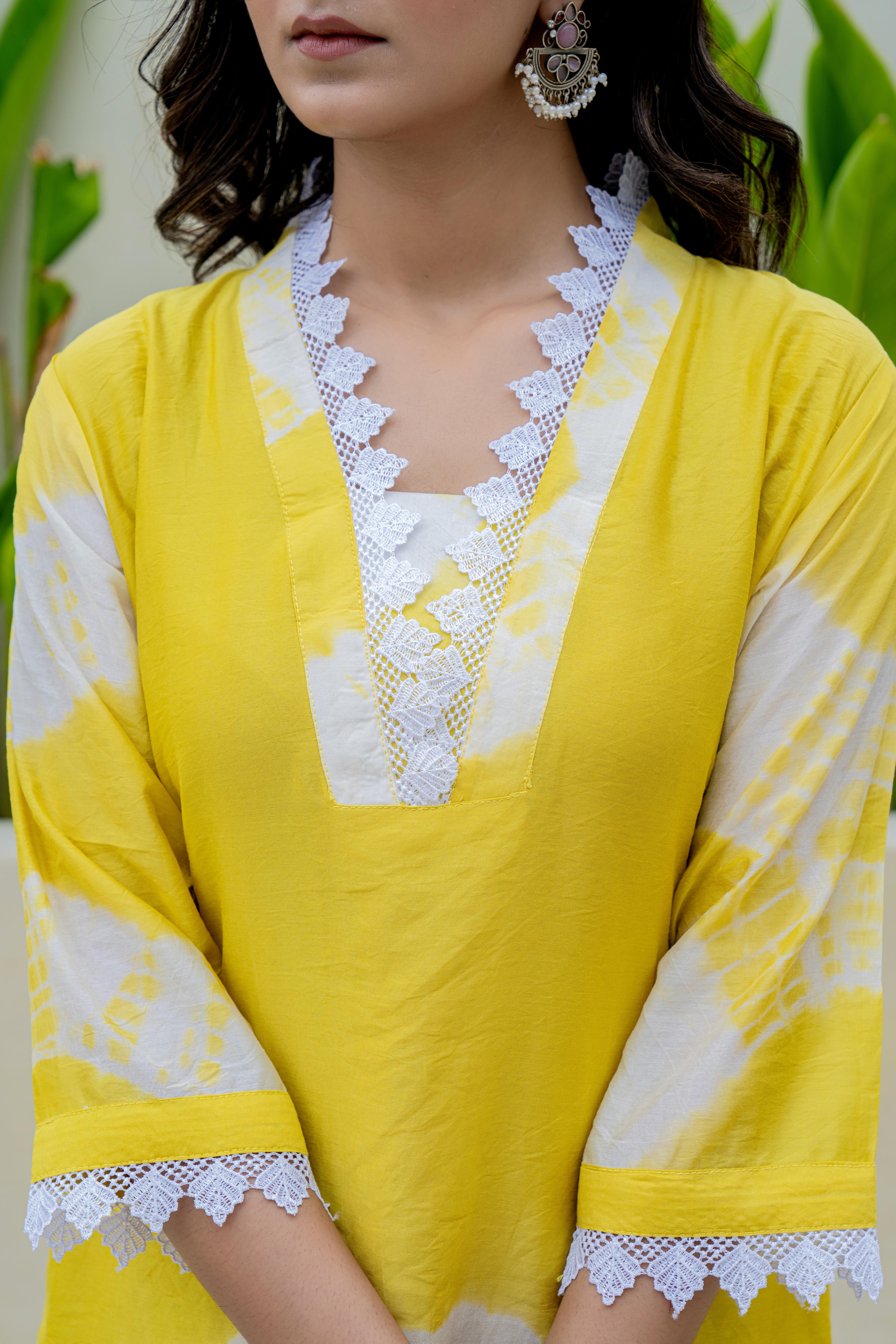 Sunshine Yellow Tie-Dye Kurti Set with Dupatta neckline view