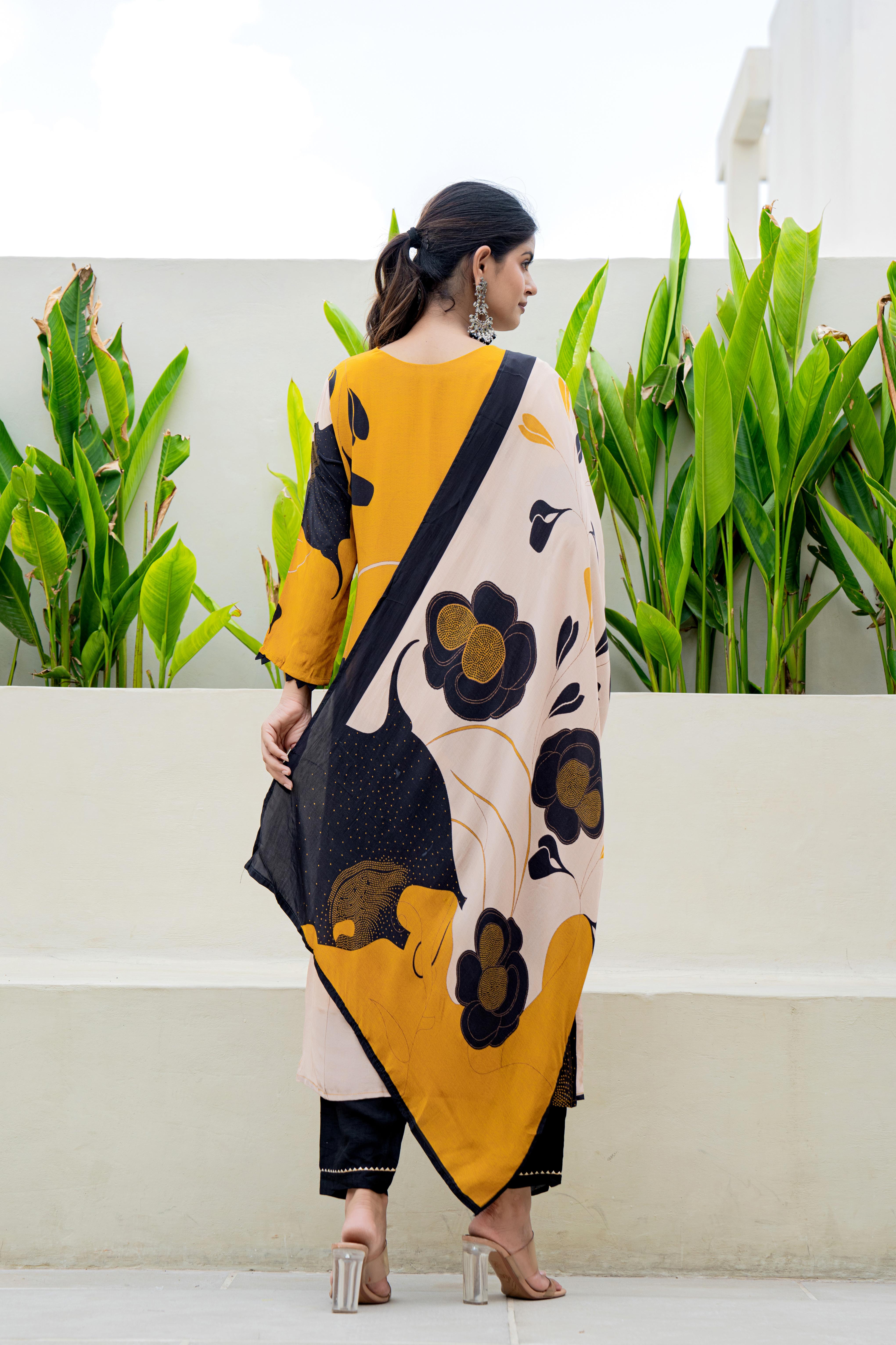 Mustard Floral Printed Kurti Set with Dupatta | House of Olivia back view