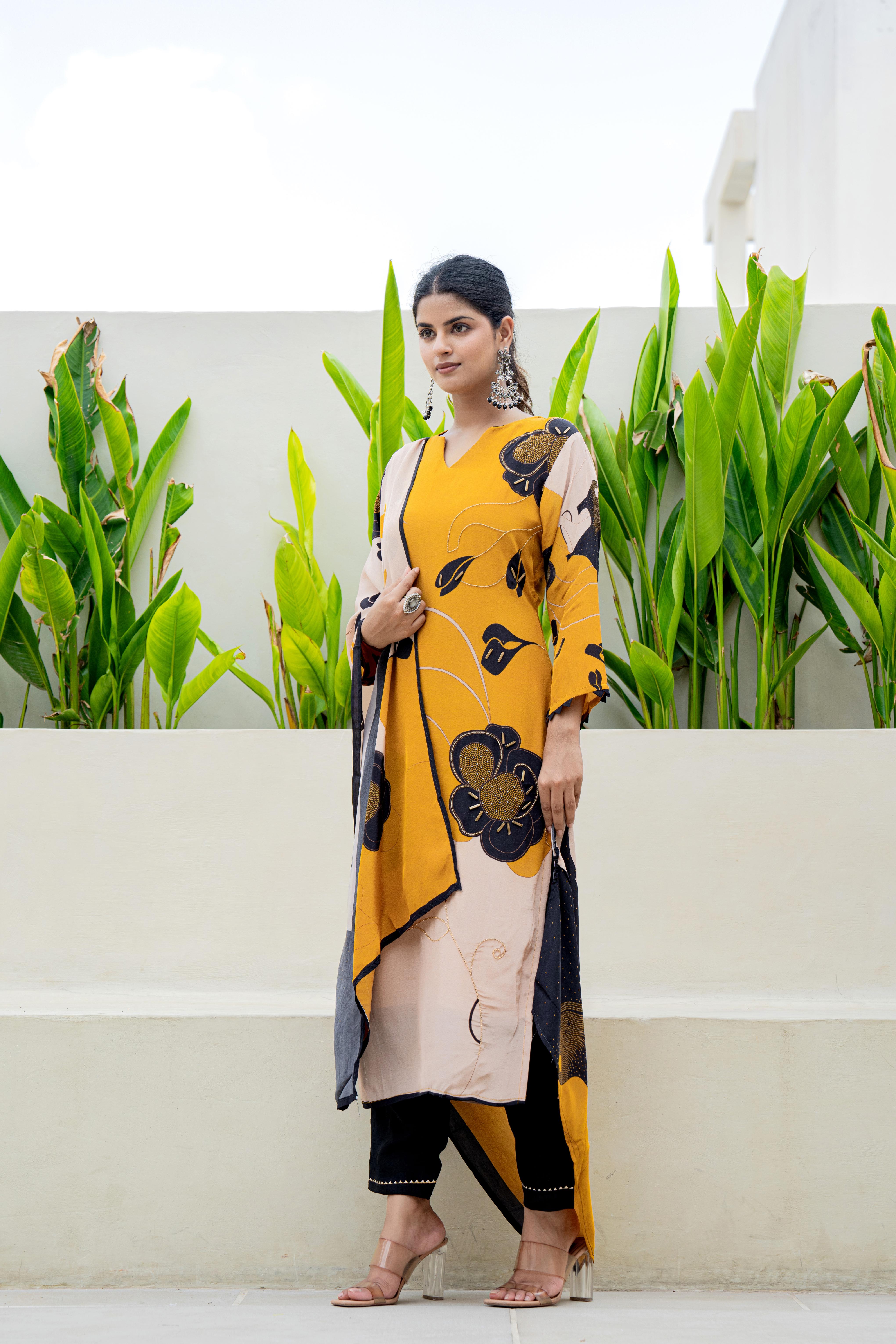Mustard Floral Printed Kurti Set with Dupatta | House of Olivia side view