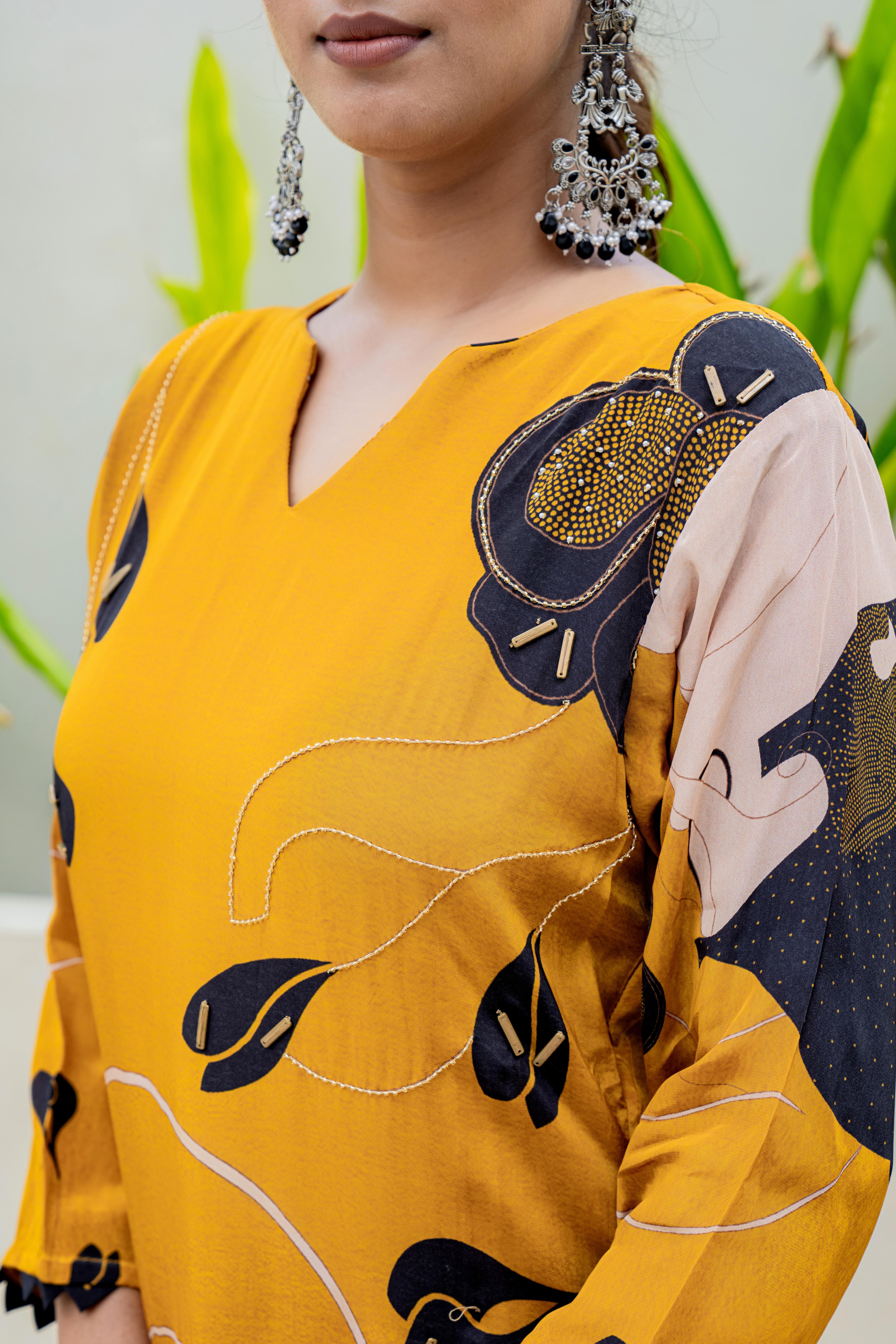 Mustard Floral Printed Kurti Set with Dupatta | House of Olivia top view