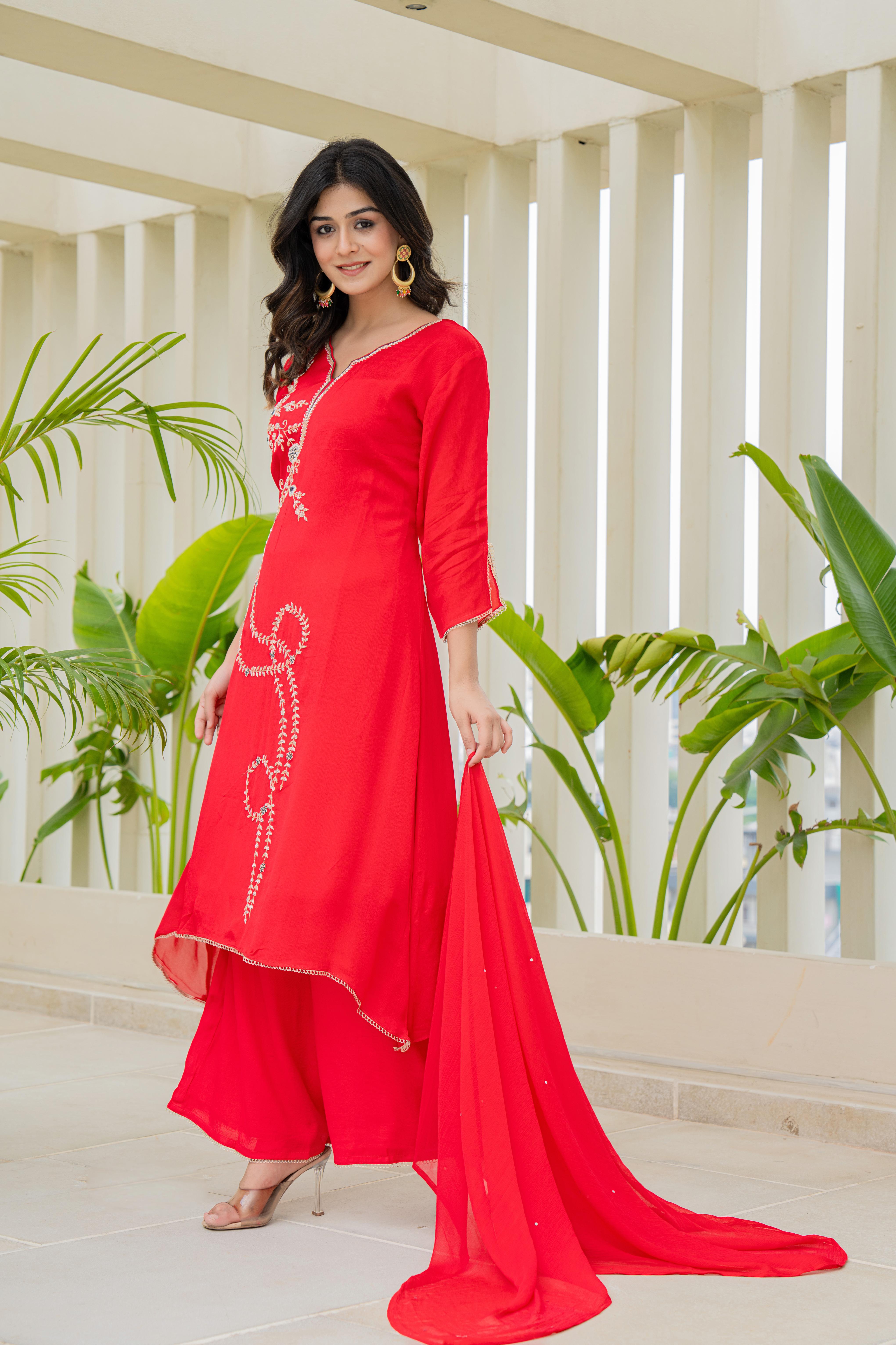 Red Embroidered Kurti Set with Dupatta | House of Olivia side view