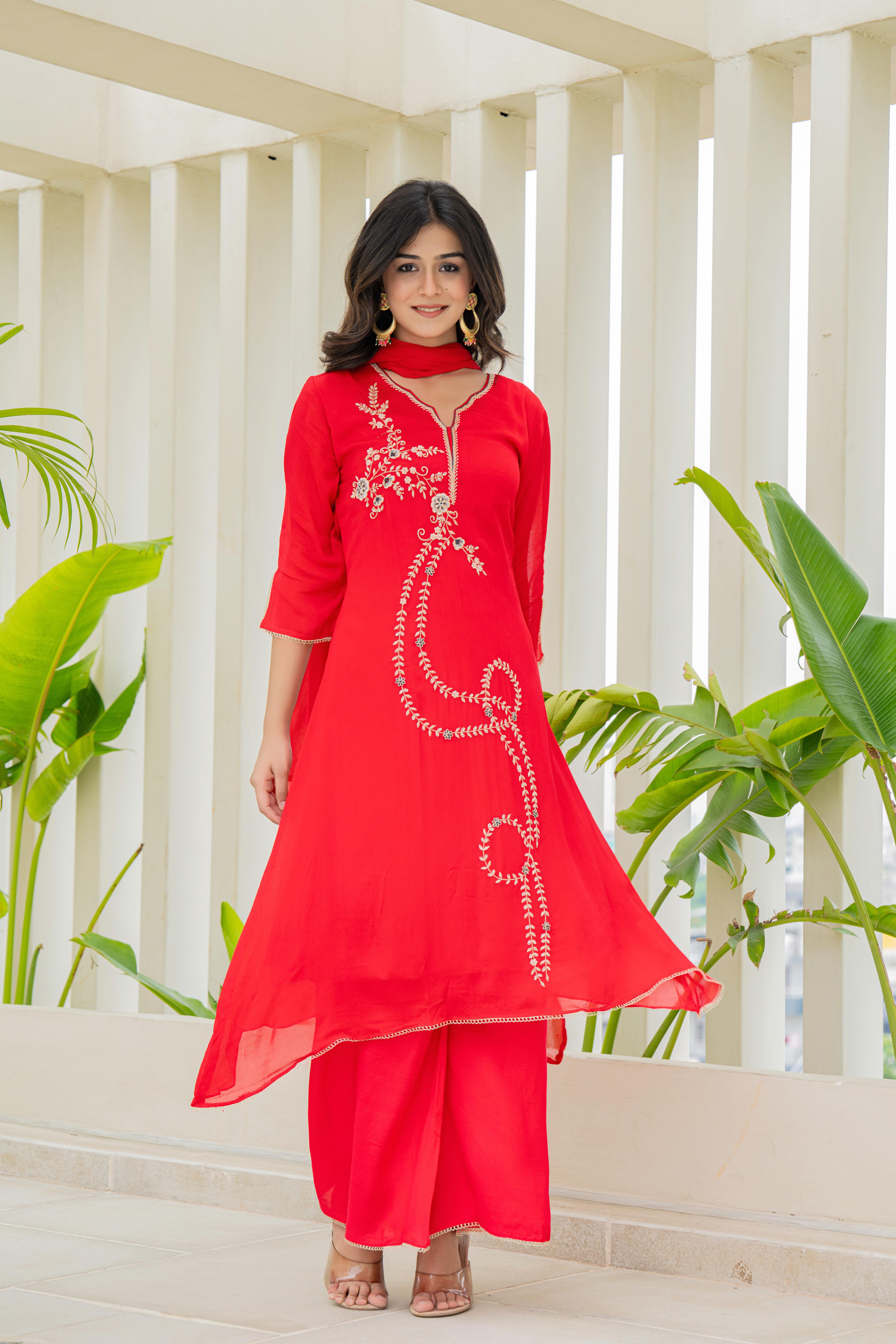 Red Embroidered Kurti Set with Dupatta | House of Olivia front view