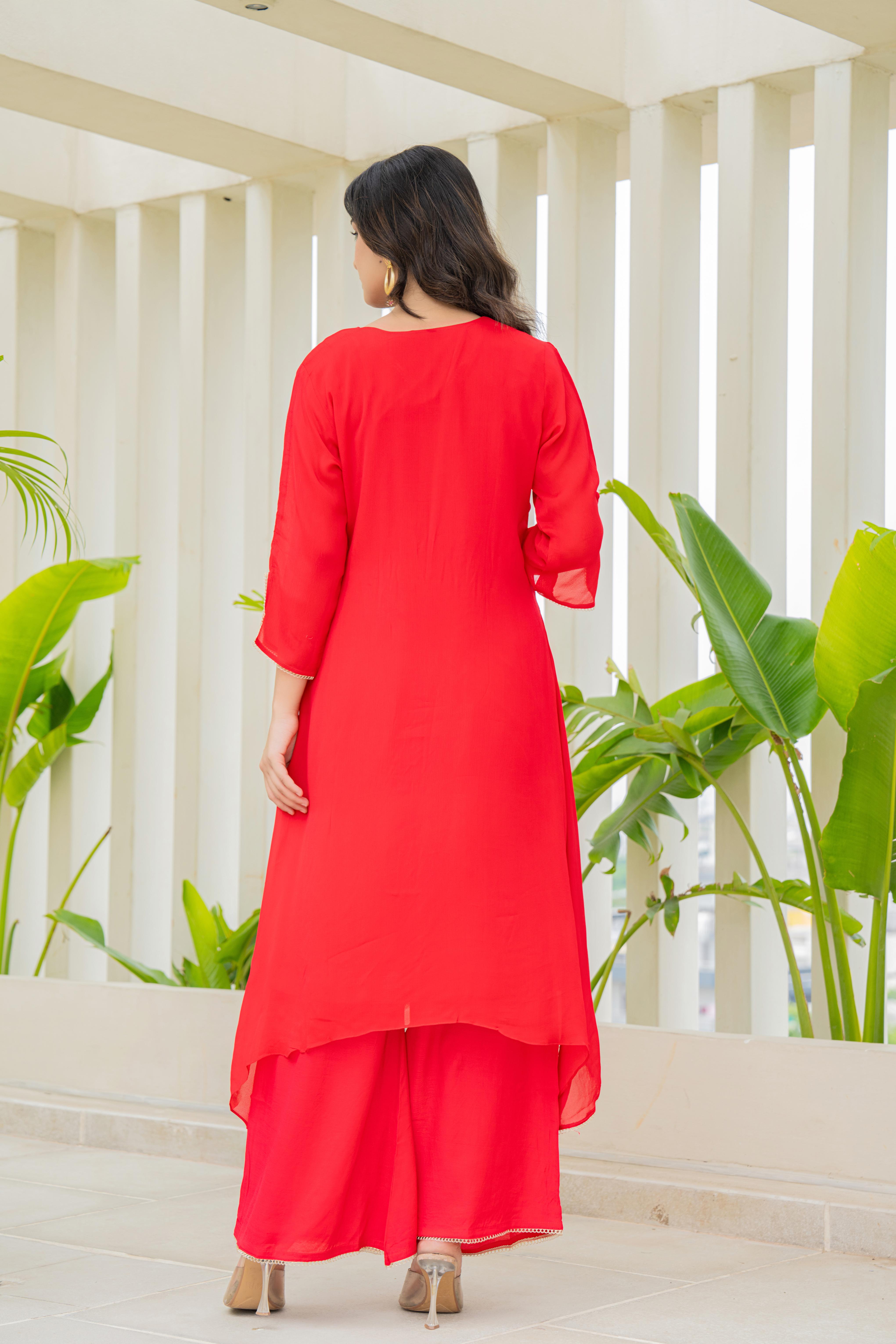 Red Embroidered Kurti Set with Dupatta | House of Olivia back view