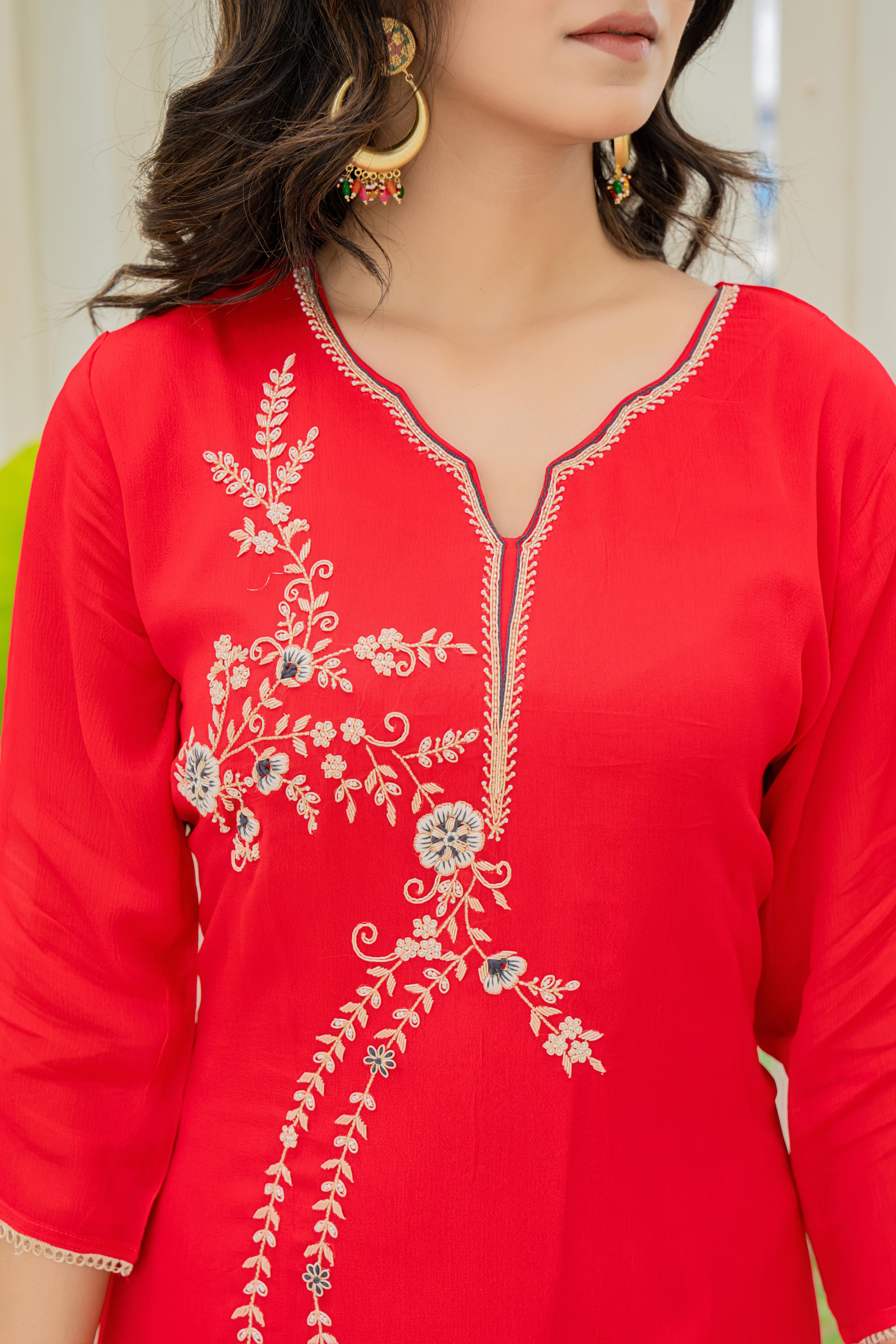 Red Embroidered Kurti Set with Dupatta | House of Olivia top view