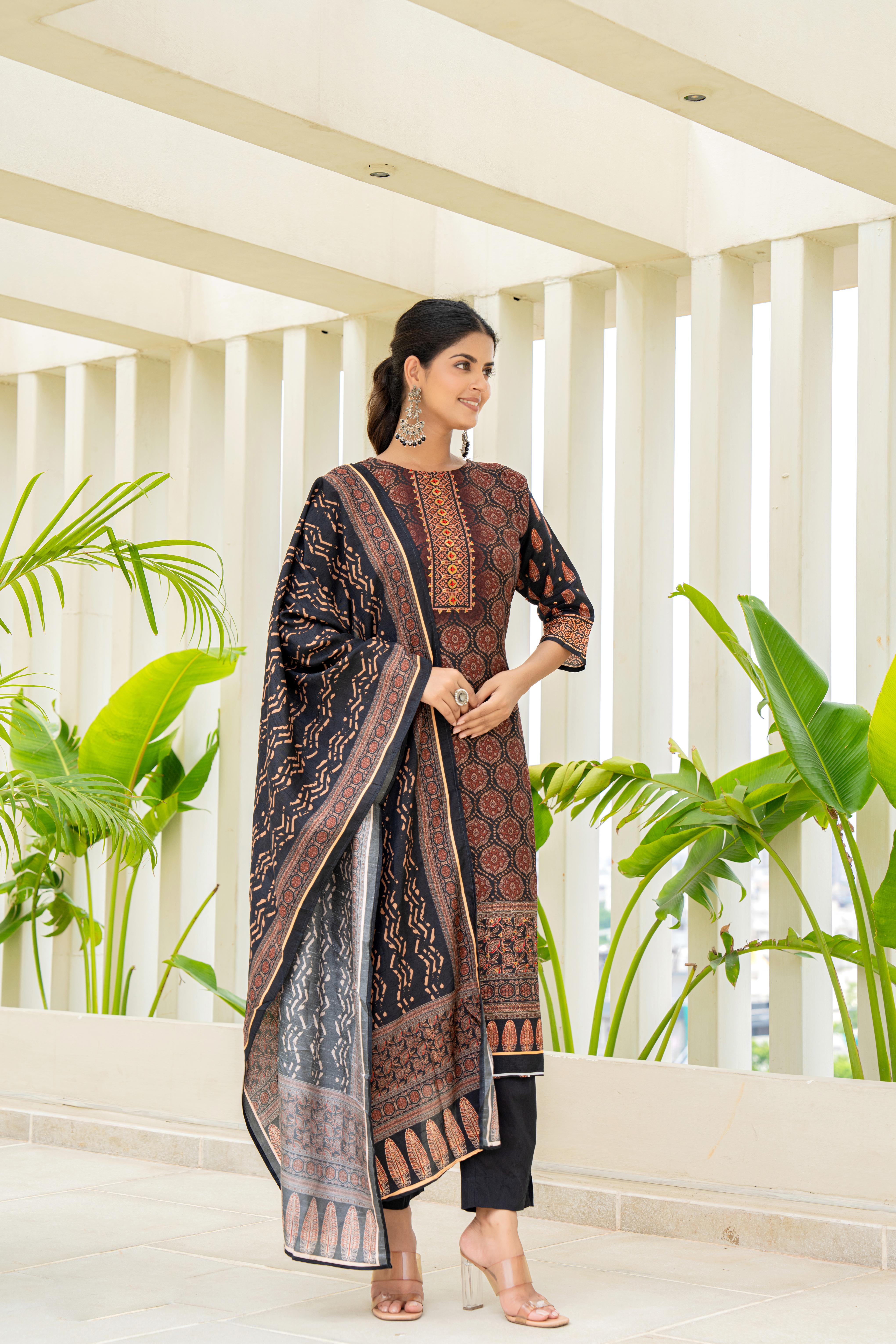 Black Printed Kurti Set with Dupatta | House of Olivia front view
