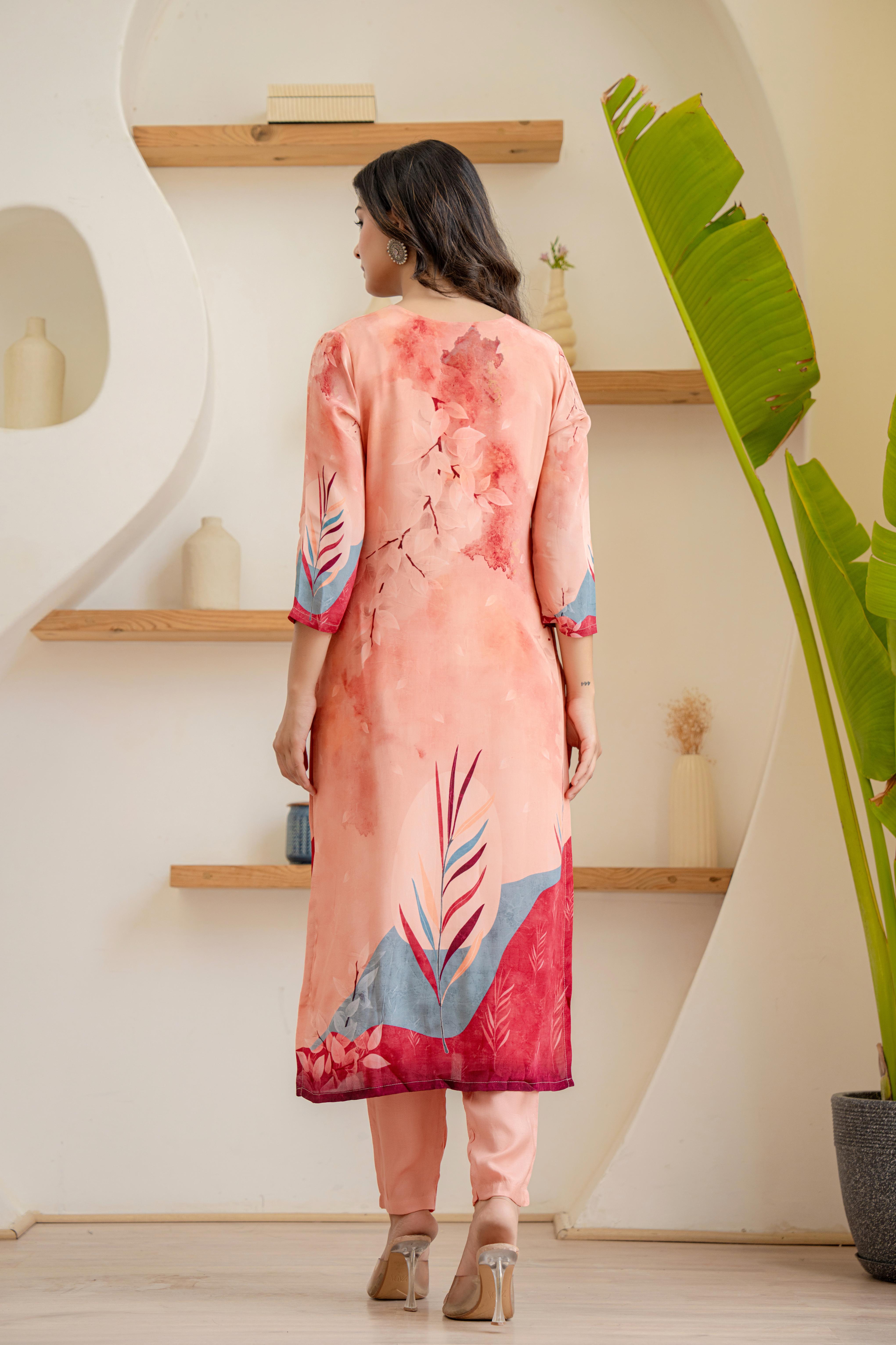 Peach Floral Printed Kurti Set with Dupatta | House of Olivia back view