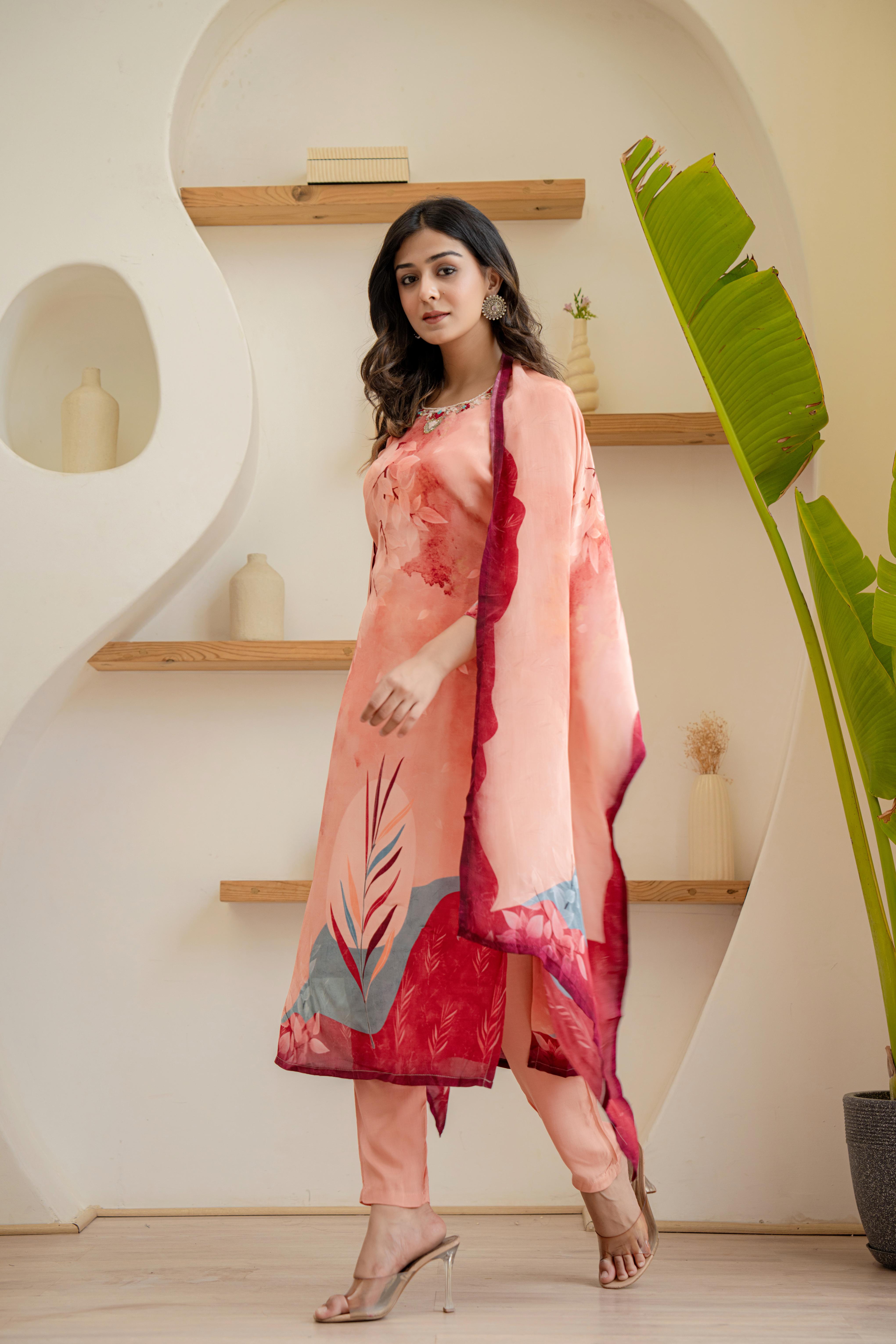 Peach Floral Printed Kurti Set with Dupatta | House of Olivia side view