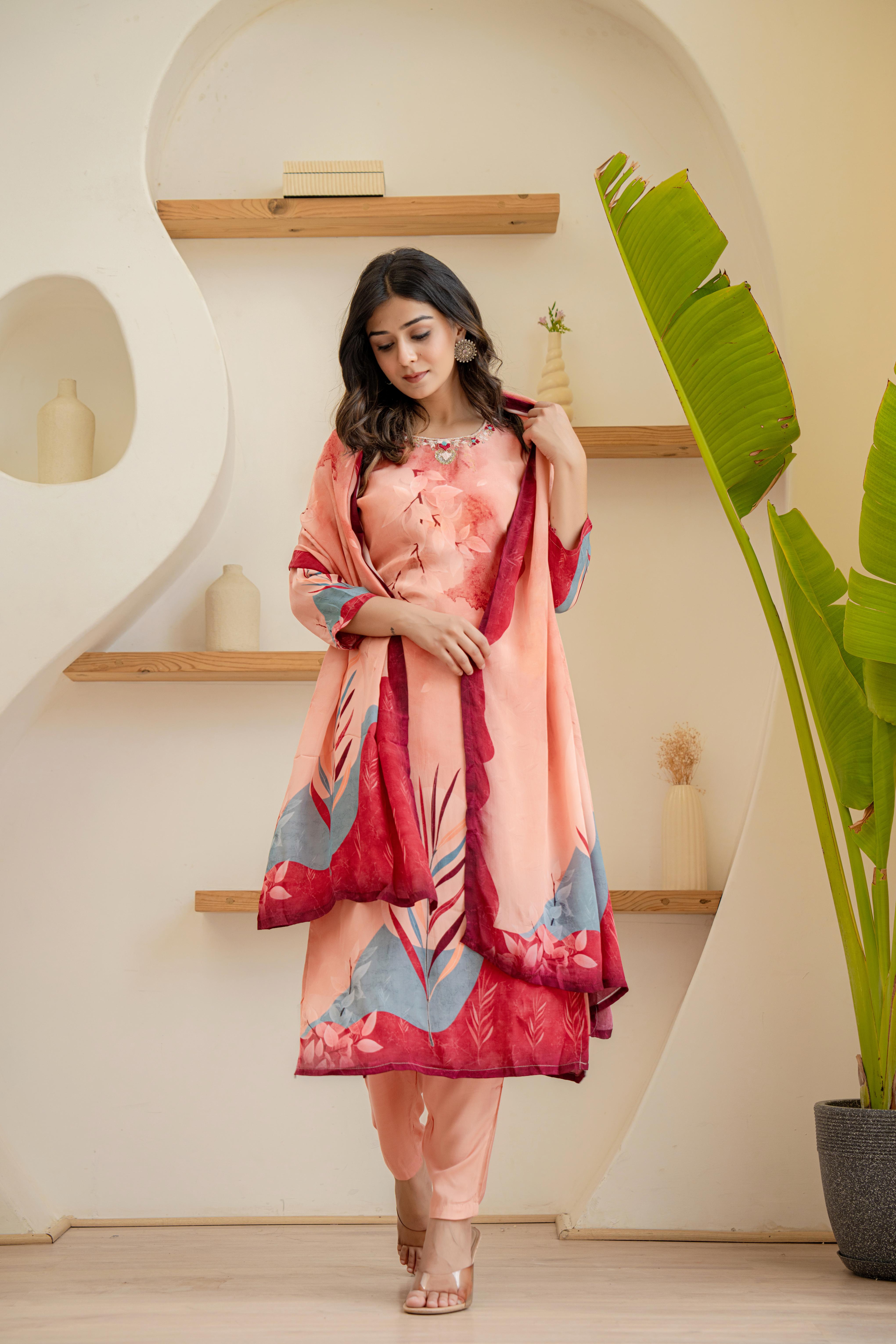 Peach Floral Printed Kurti Set with Dupatta | House of Olivia front view