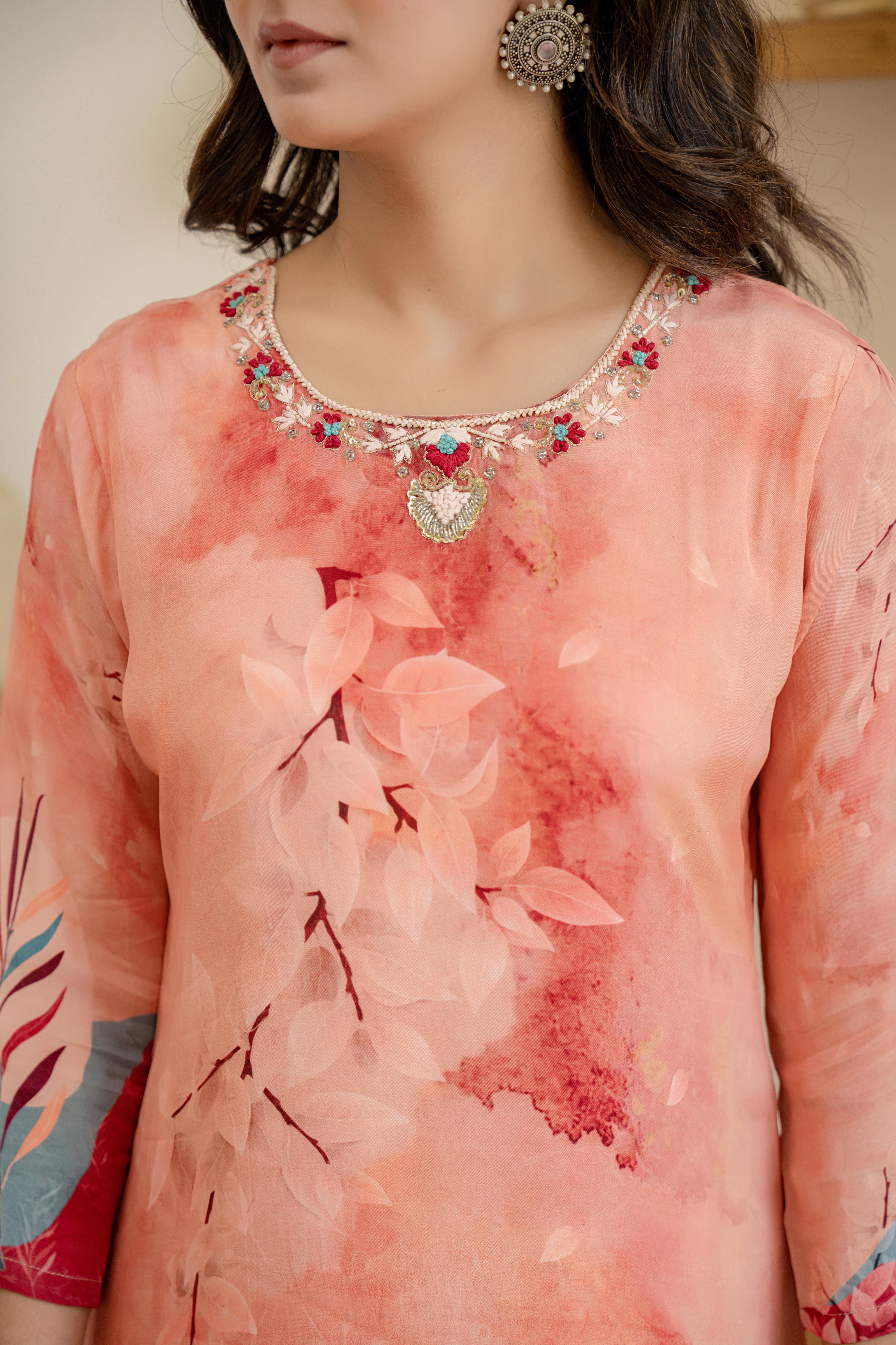 Peach Floral Printed Kurti Set with Dupatta | House of Olivia neckline view