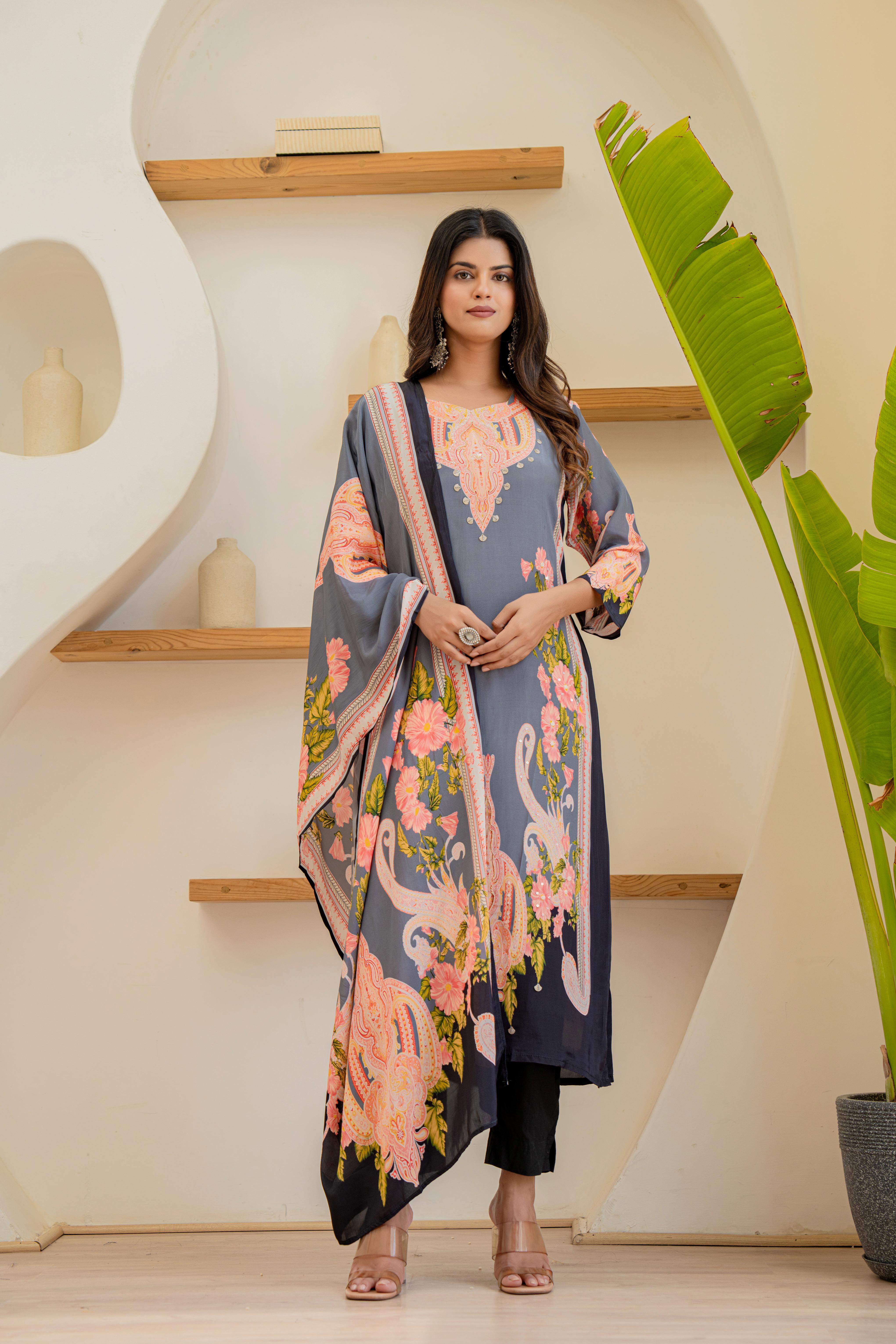 Grey Floral Printed Kurti Set with Dupatta | House of Olivia front view