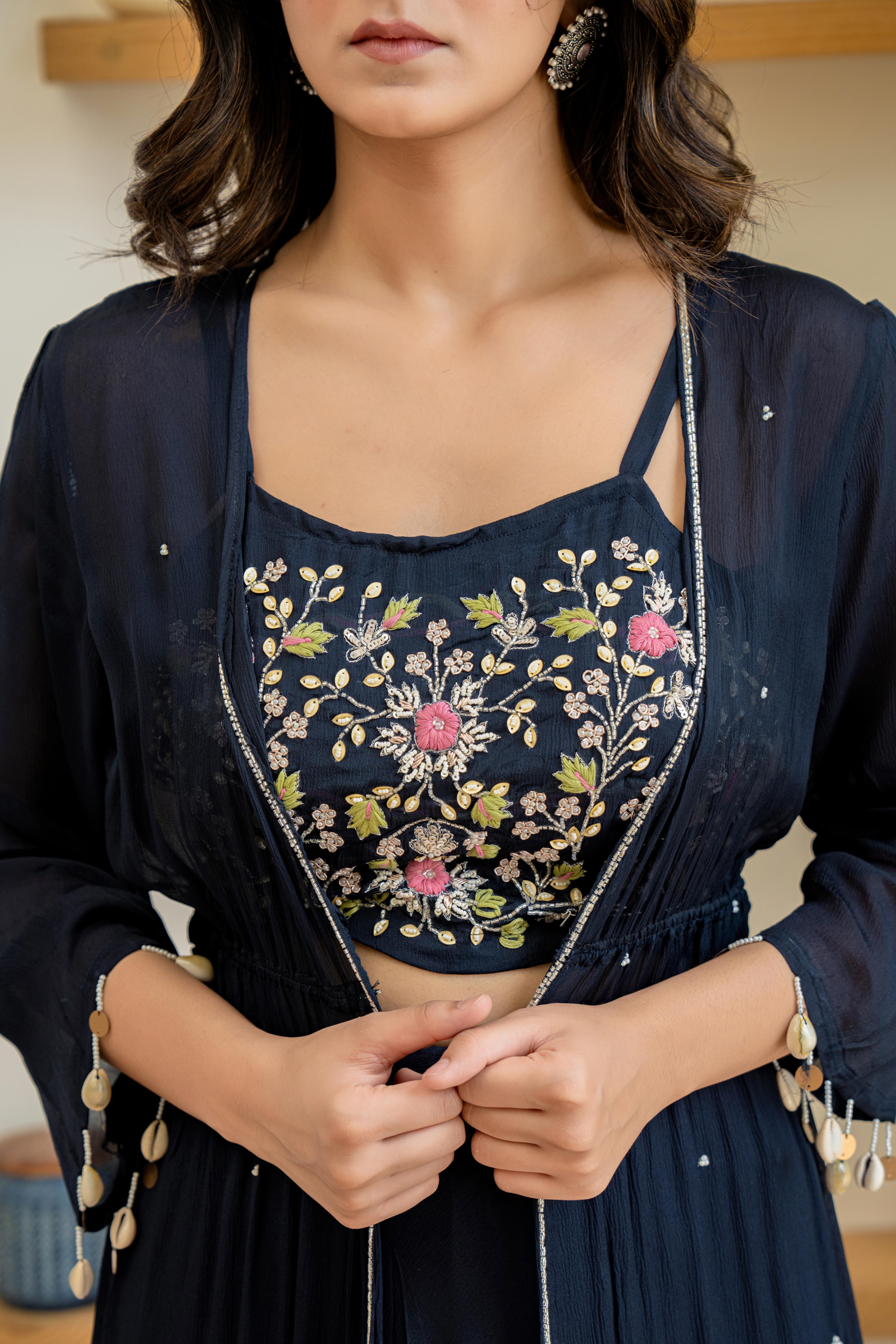 Elegant Black Embroidered 3-Piece Set | House of Olivia neckline  view