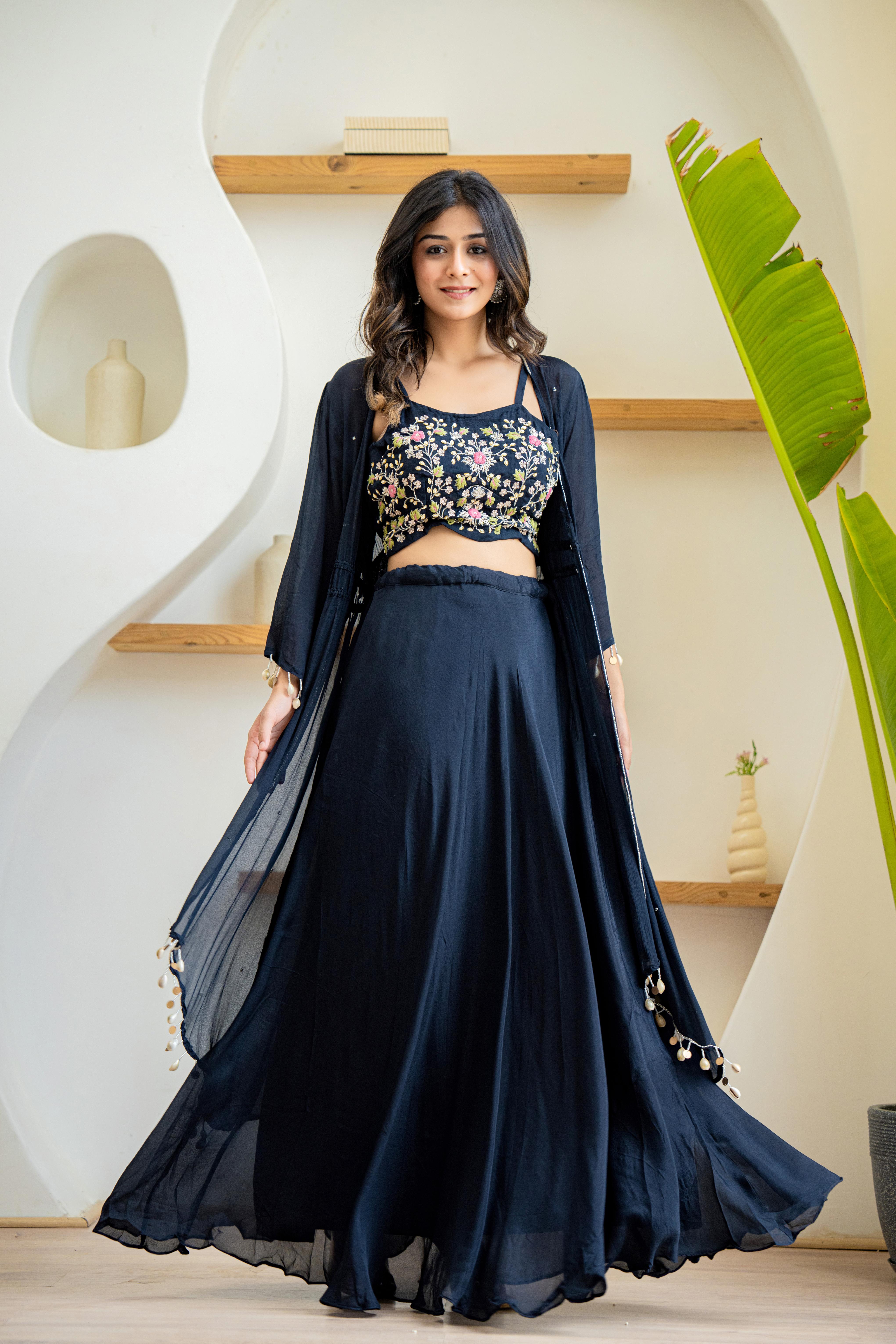Elegant Black Embroidered 3-Piece Set | House of Olivia front view
