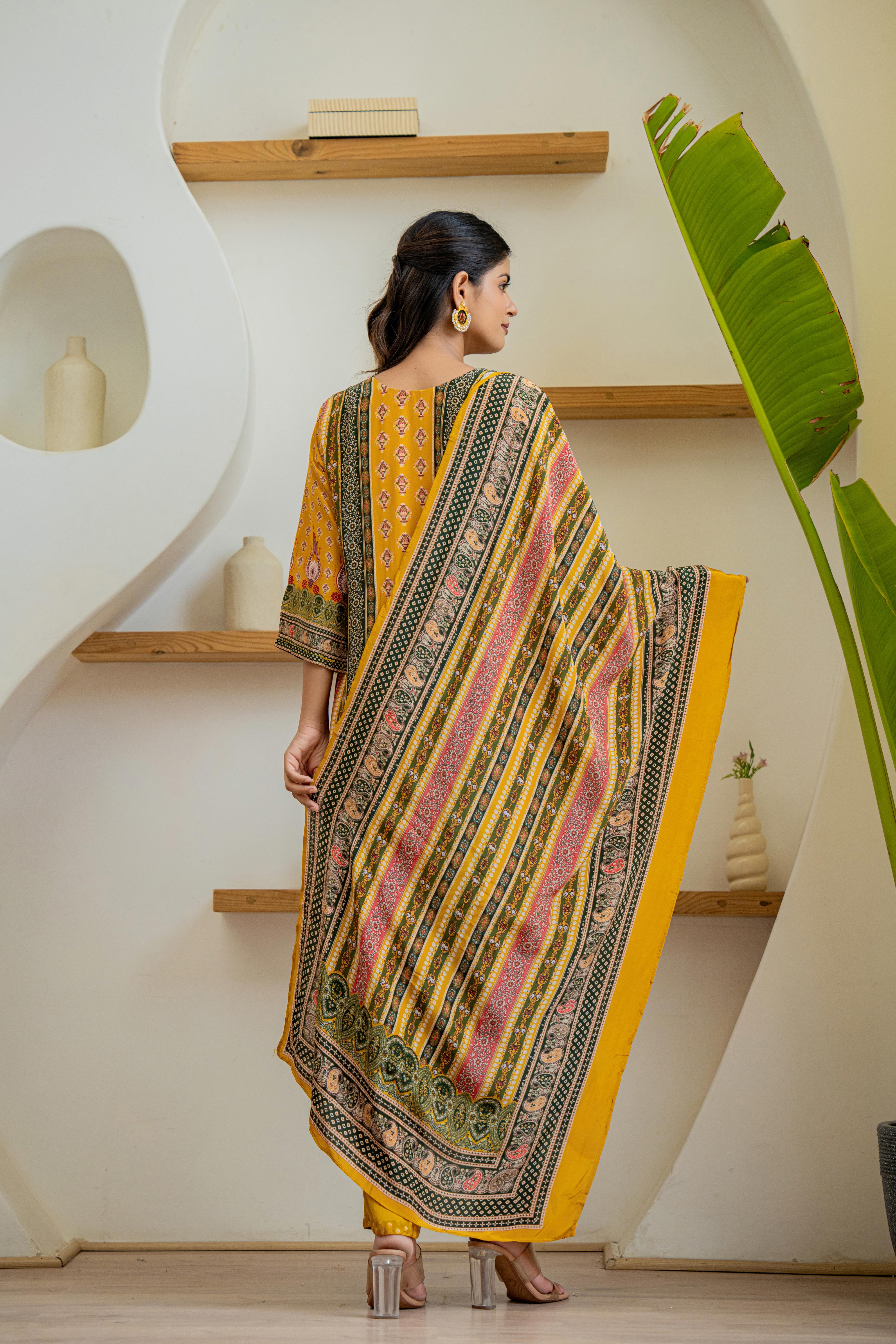 Elegant Mustard Multi-Color Printed Kurti Set | House of Olivia back view