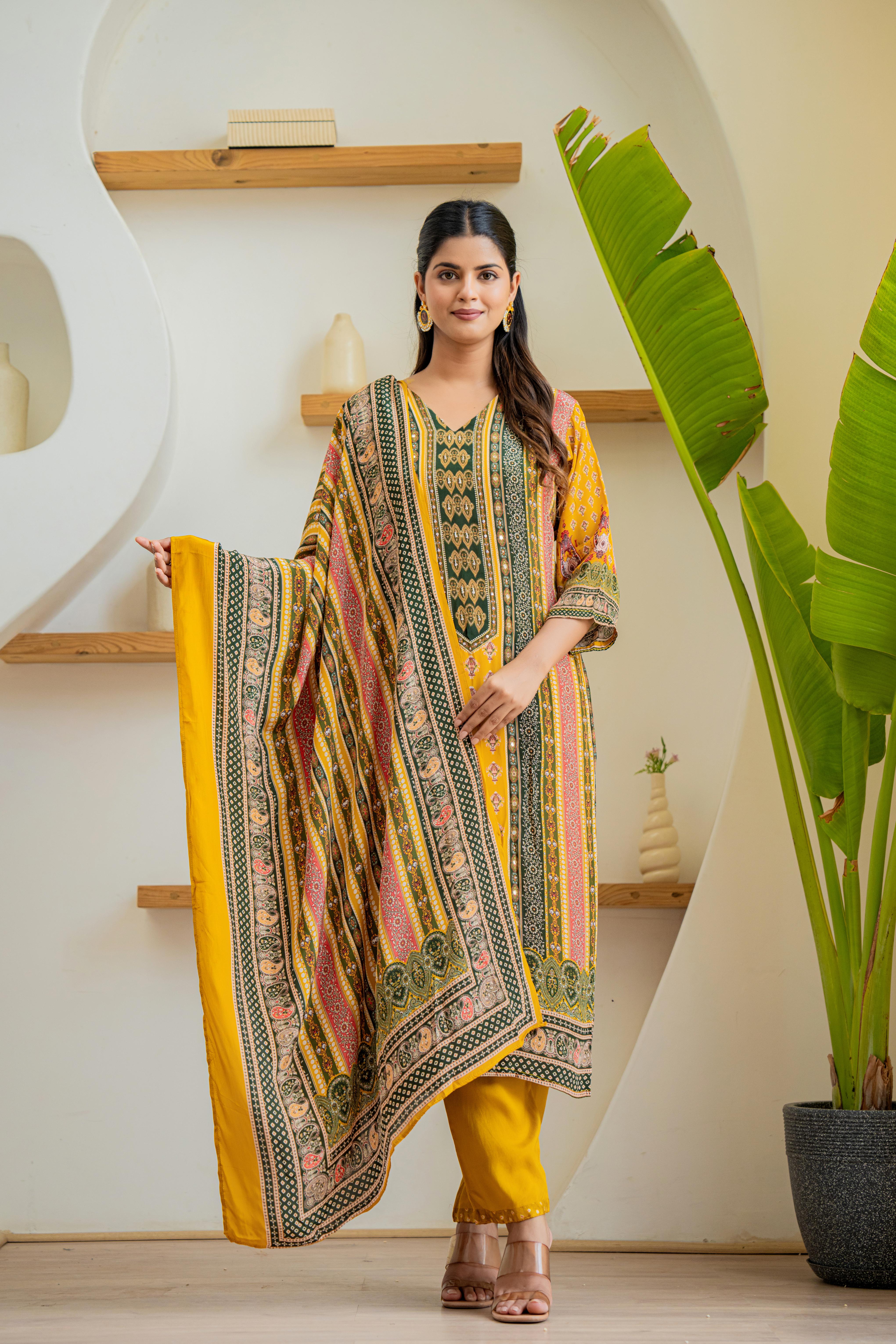 Elegant Mustard Multi-Color Printed Kurti Set | House of Olivia dupatta view