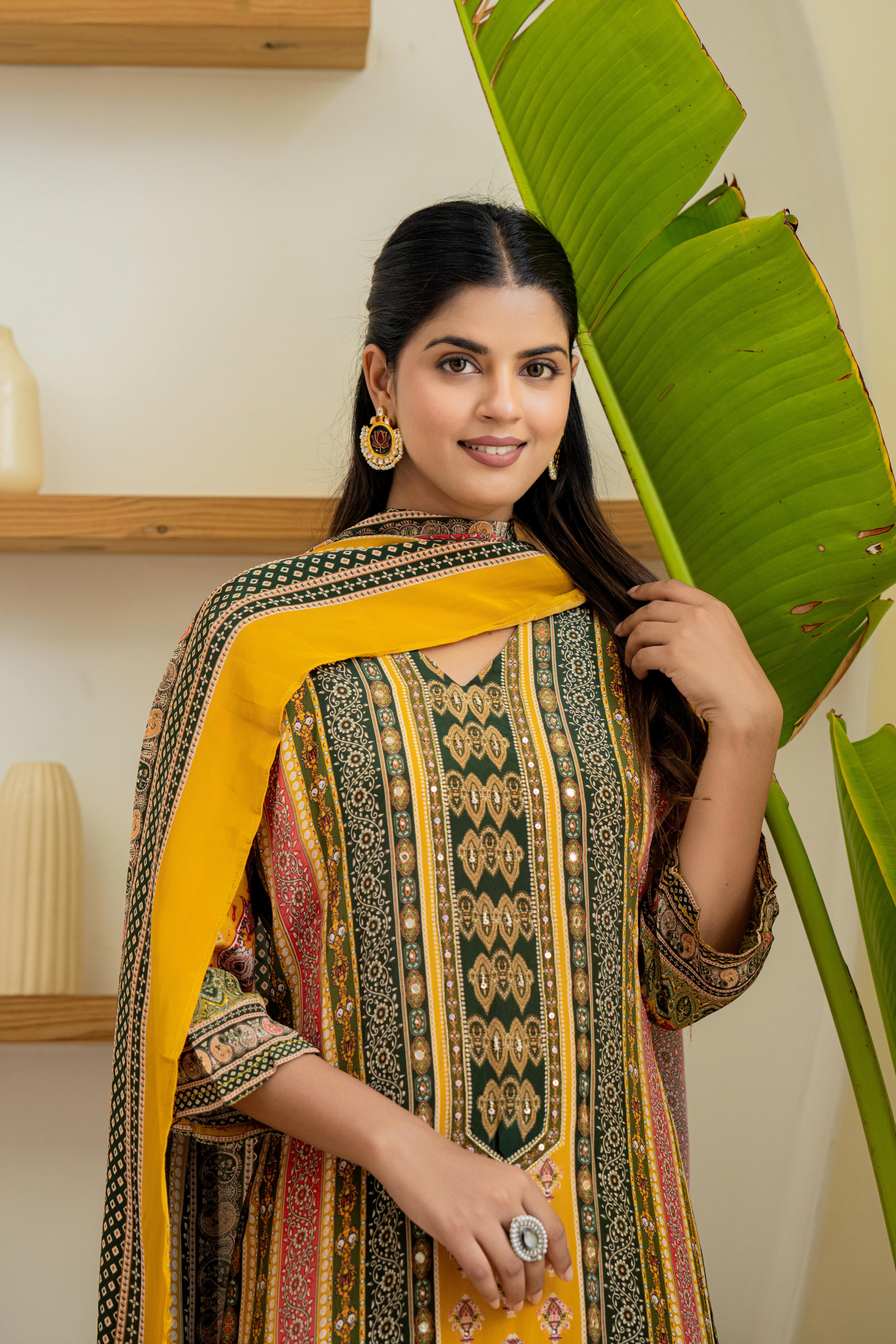 Elegant Mustard Multi-Color Printed Kurti Set | House of Olivia top view