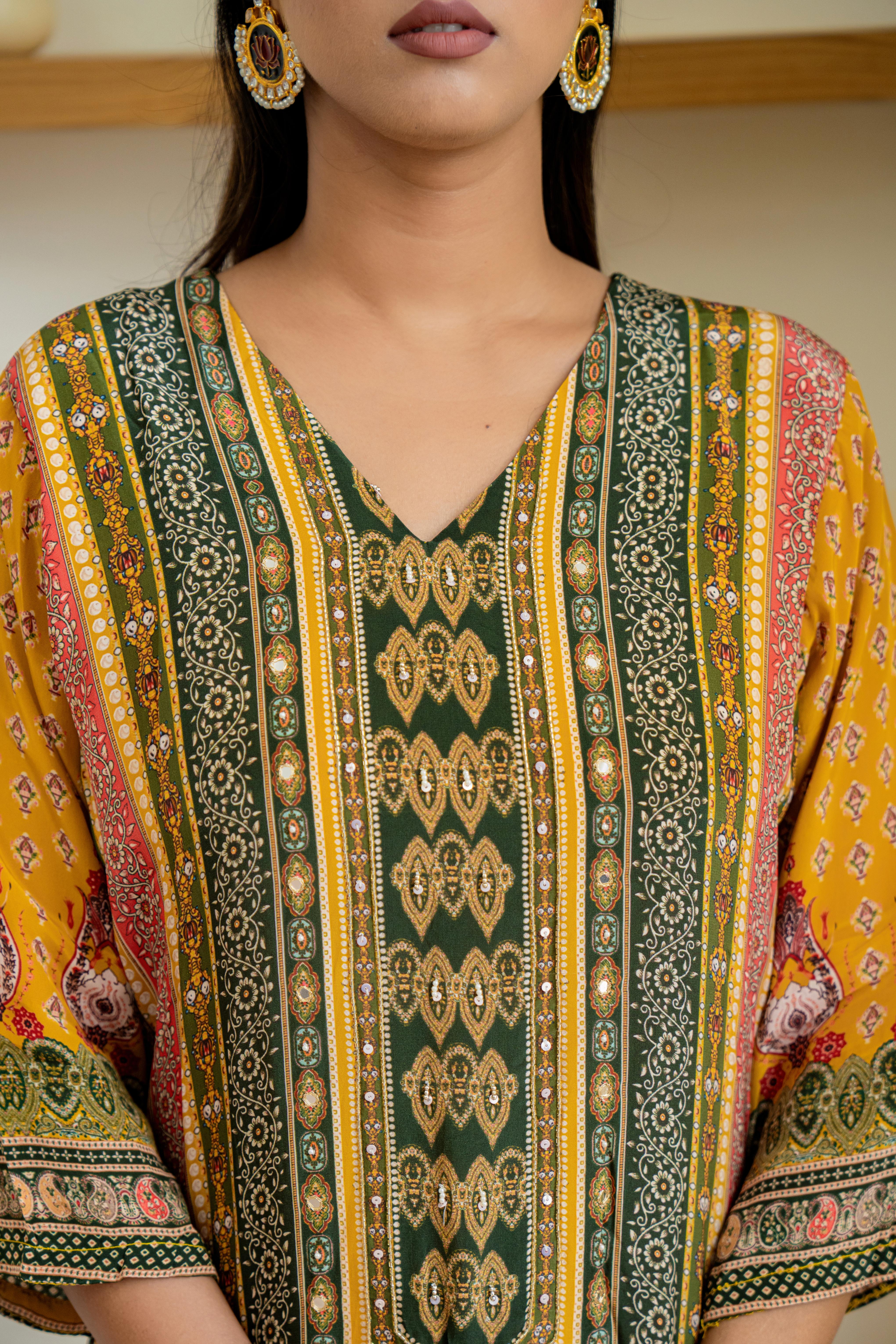 Elegant Mustard Multi-Color Printed Kurti Set | House of Olivia neckline view