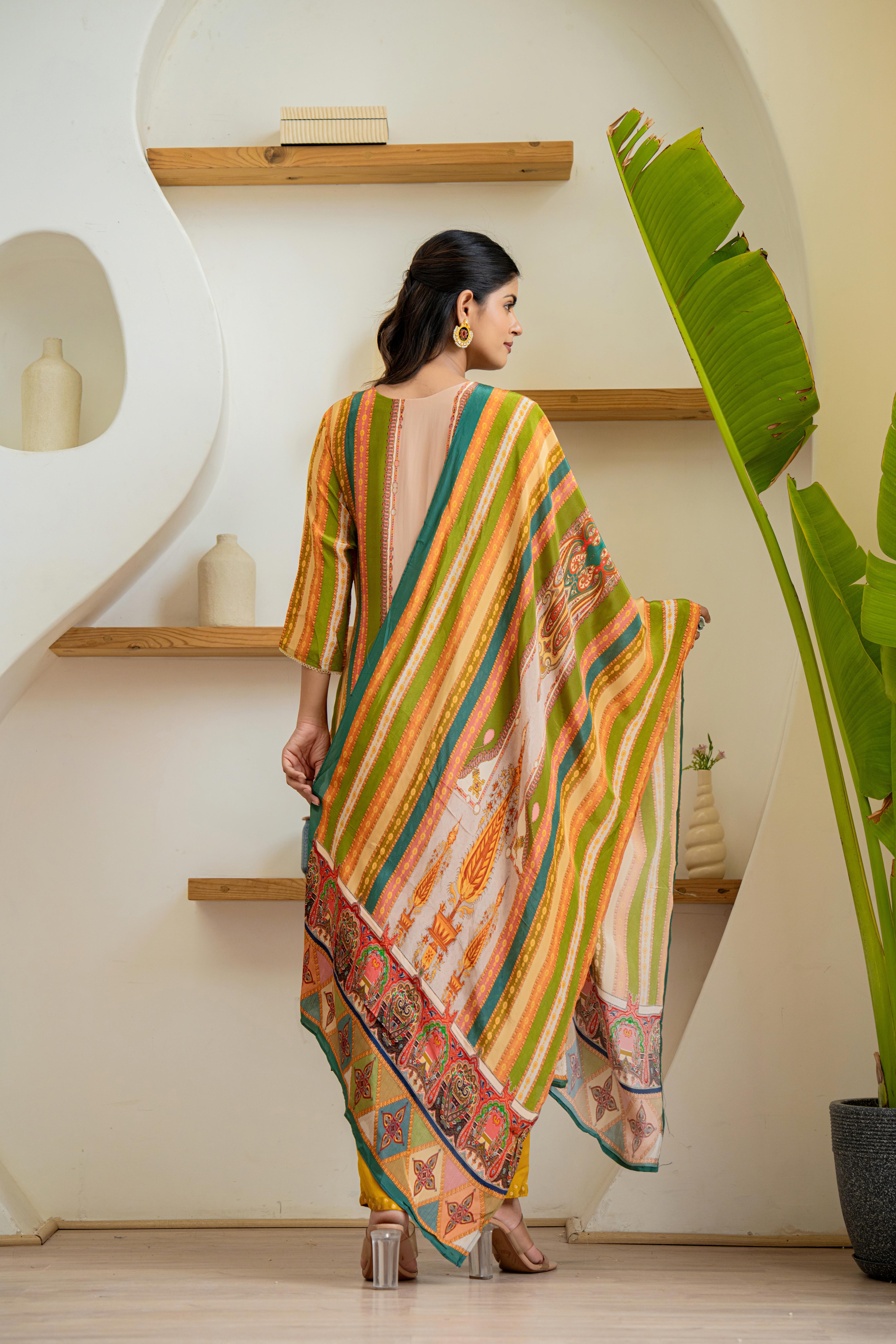 Graceful Green & Mustard Ethnic Printed Kurti Set | House of Olivia back view