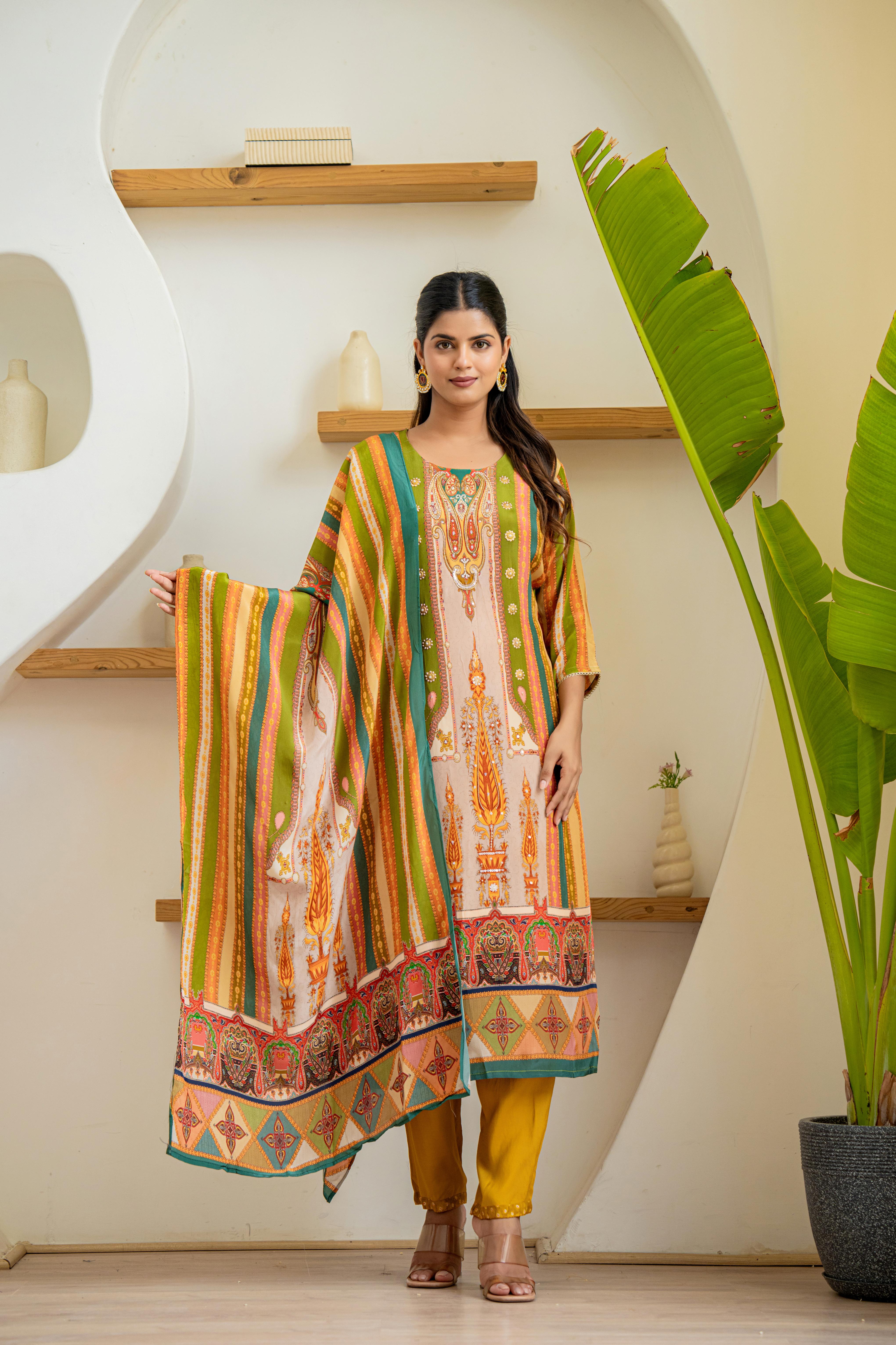 Graceful Green & Mustard Ethnic Printed Kurti Set | House of Olivia dupatta view