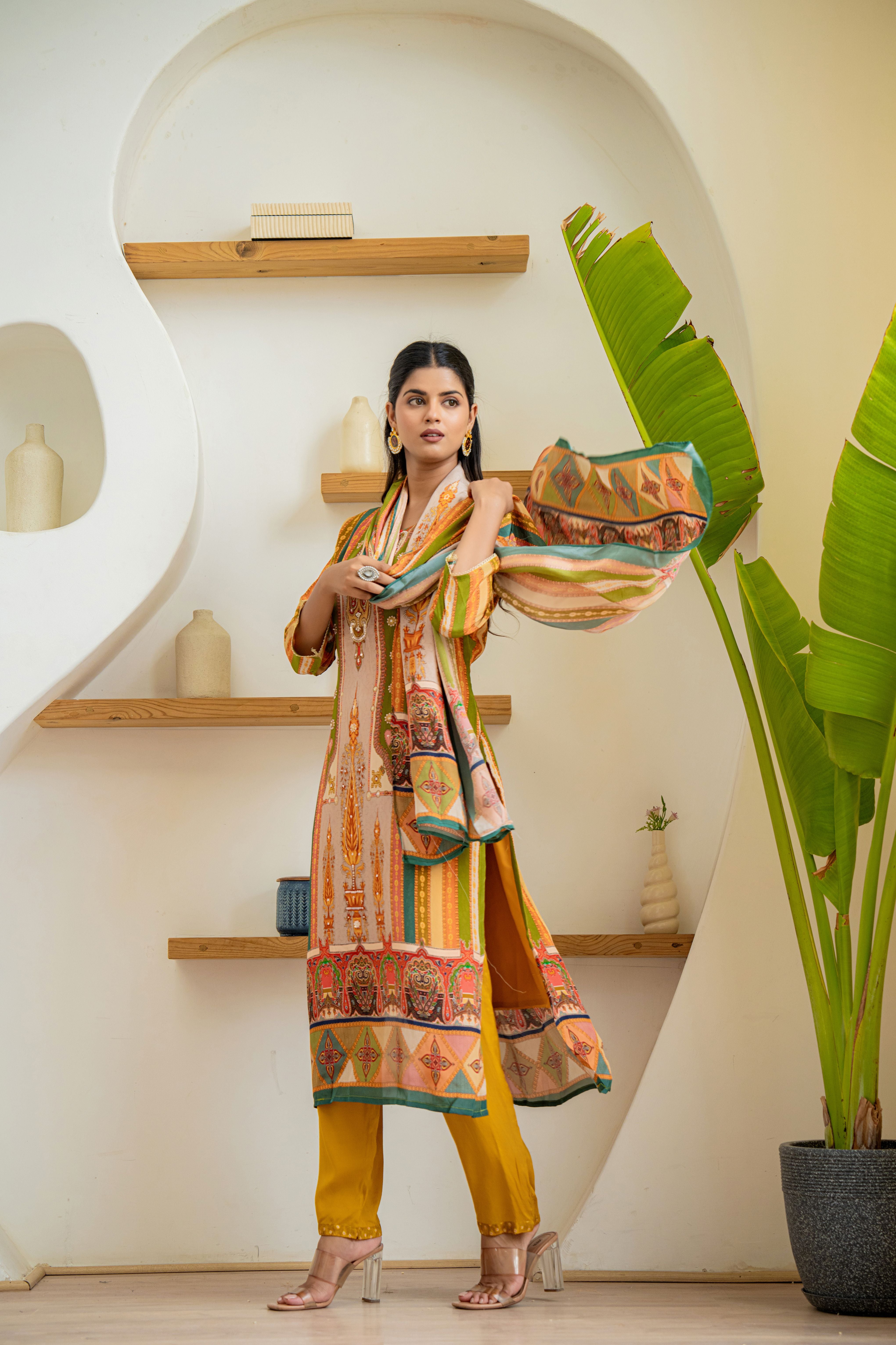 Graceful Green & Mustard Ethnic Printed Kurti Set | House of Olivia side view