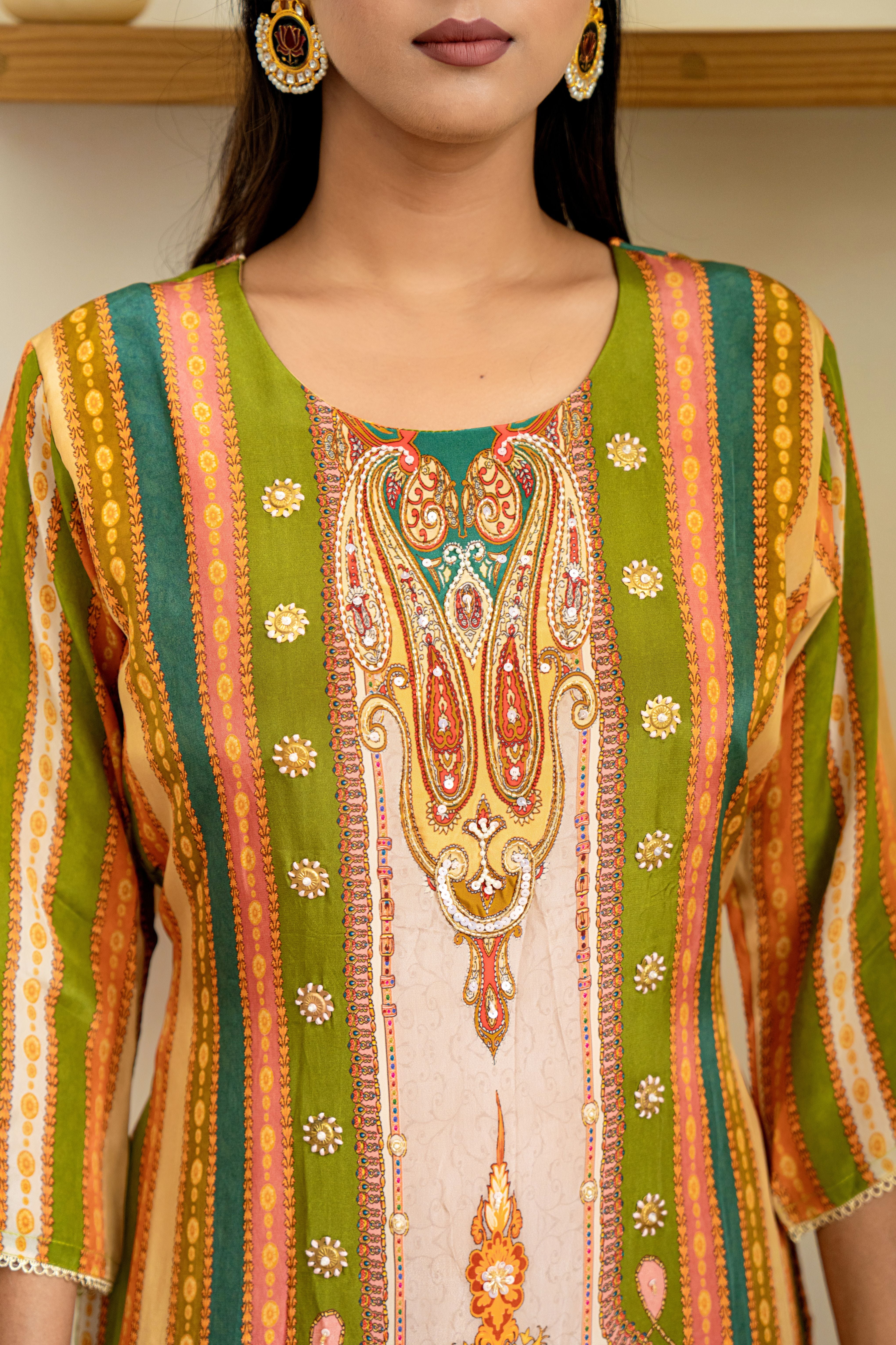 Graceful Green & Mustard Ethnic Printed Kurti Set | House of Olivia top view