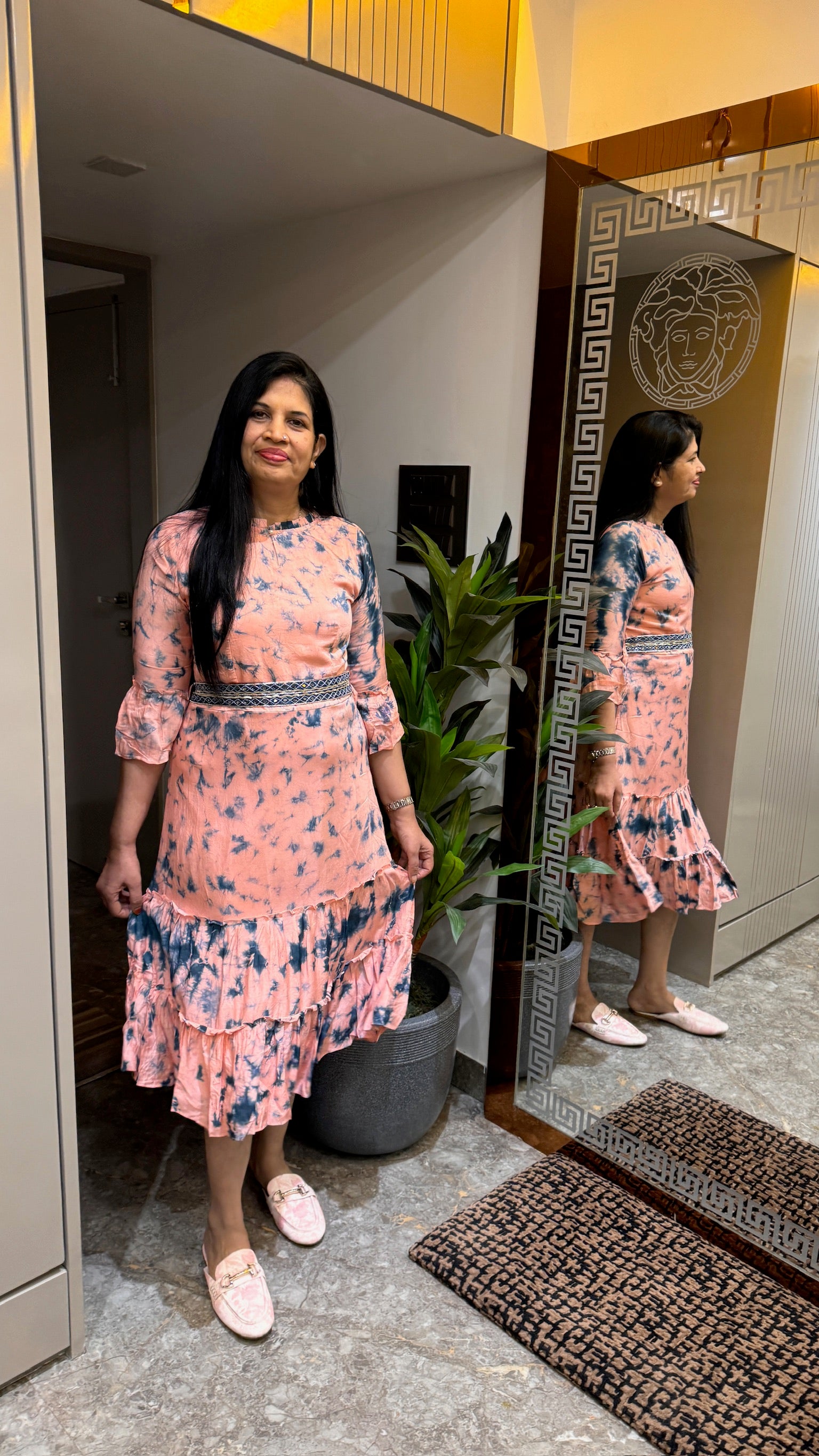 Peach Tie-Dye Flared Midi Dress with Ruffled Hem  side view2