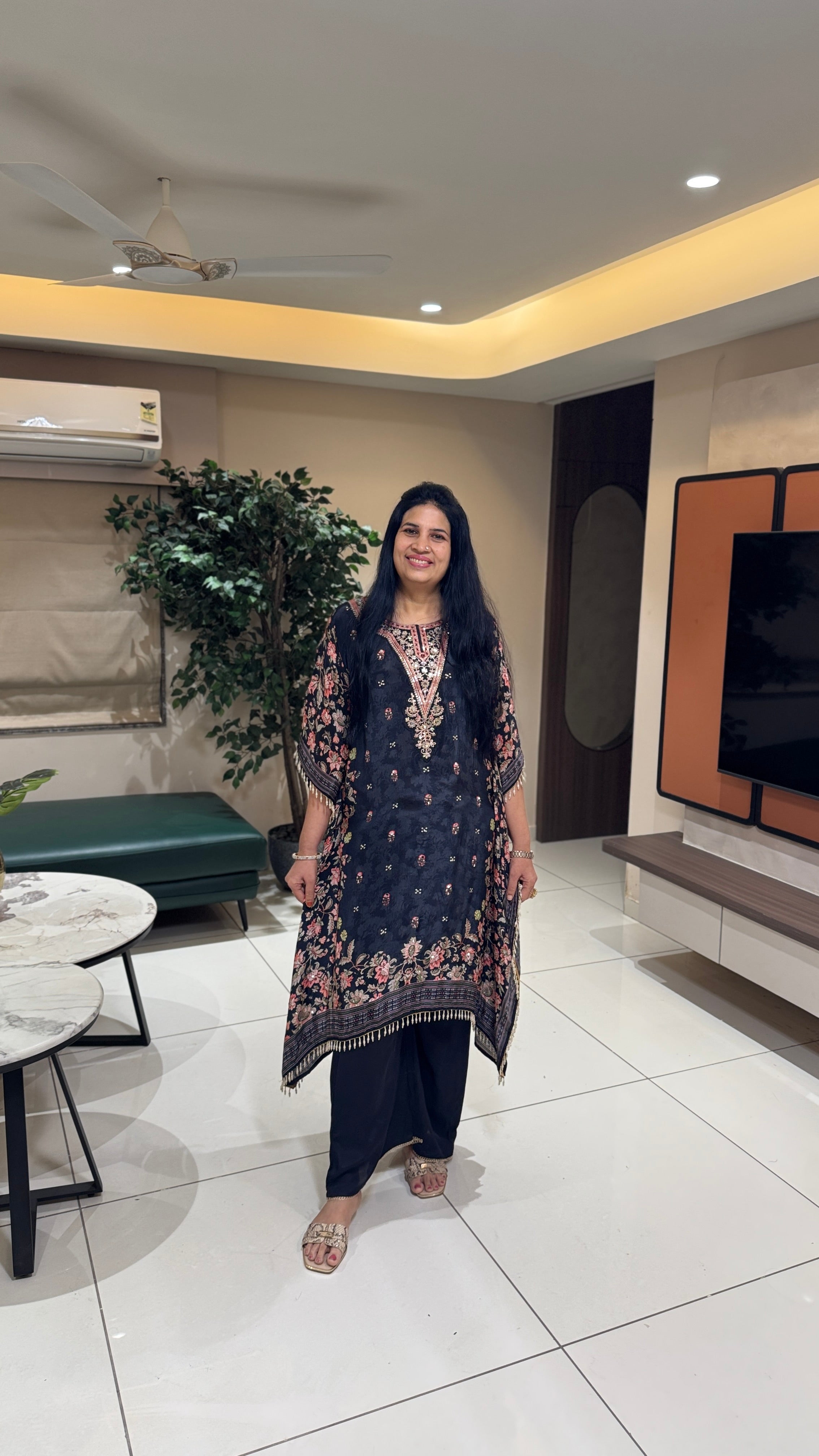 Hand-Embroidered Black Floral Kaftan  full view