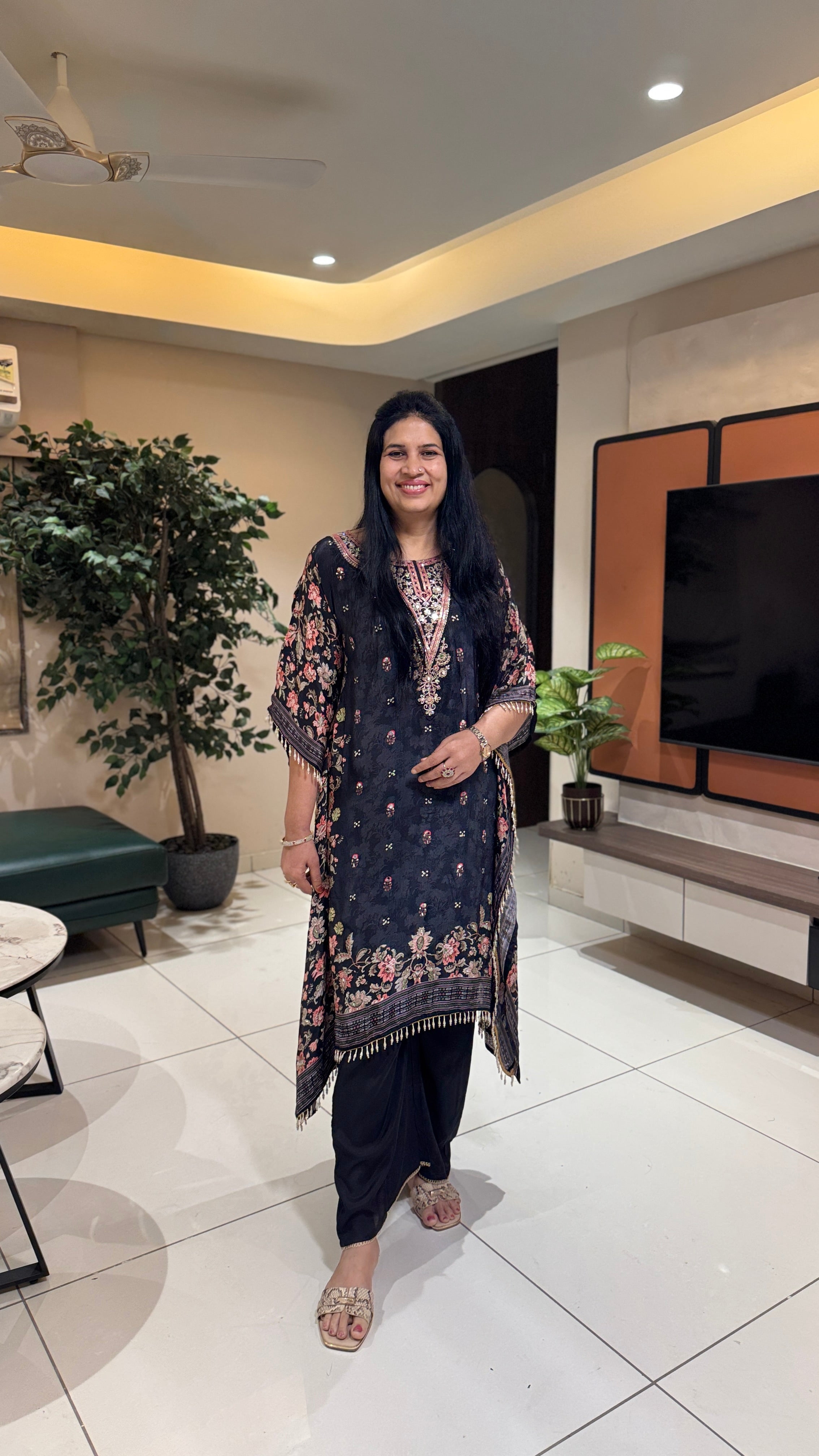 Hand-Embroidered Black Floral Kaftan  whole view