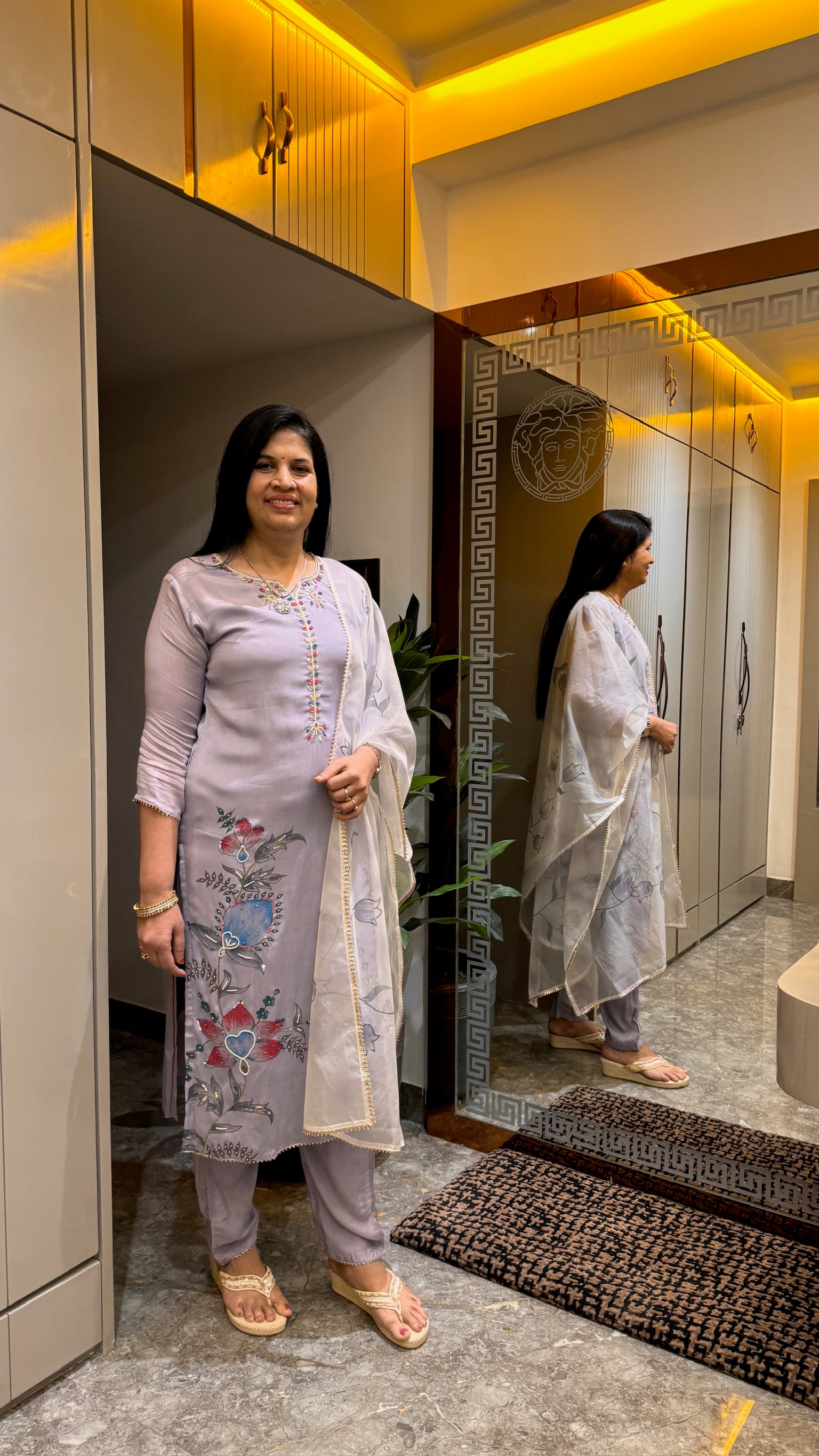 Soft Lavender Floral Embroidered Kurti Set with Dupatta front view