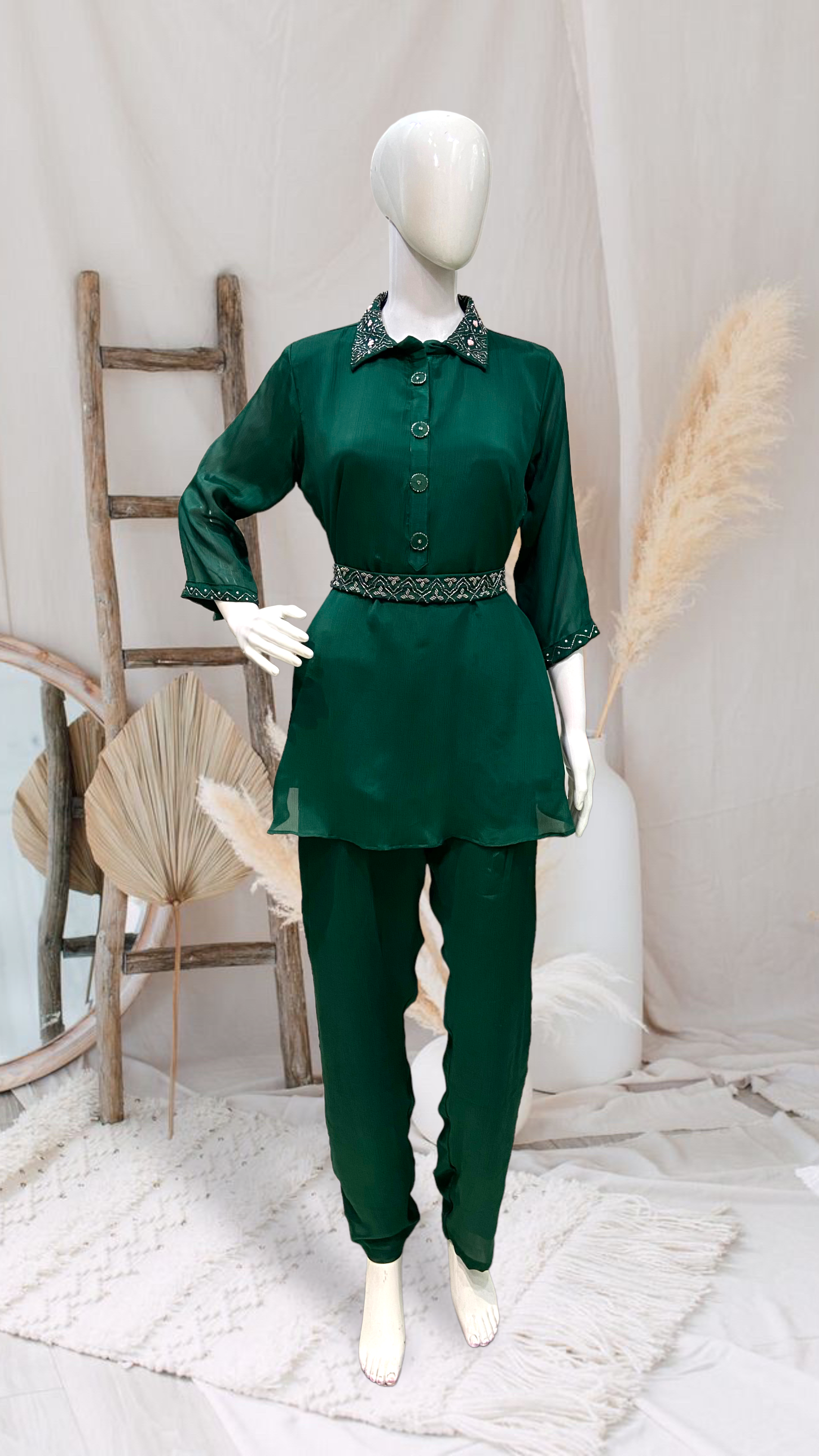 Emerald Green Embroidered Tunic Set with Tapered Pants