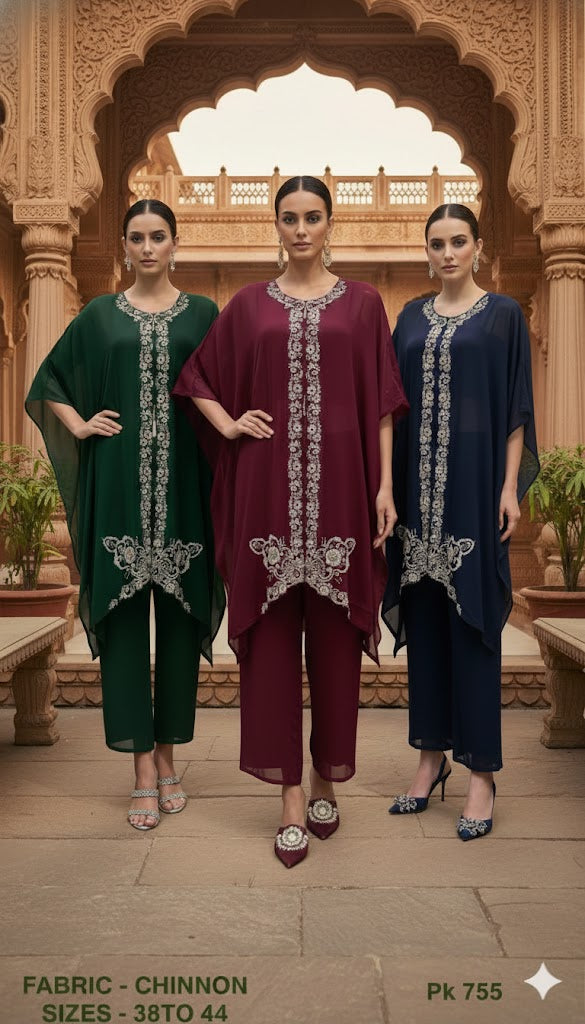 Embroidered Chinon Kaftan Tunic Set with Pants