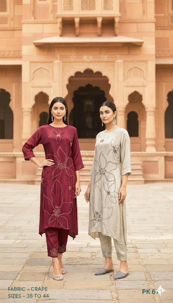 Floral Embroidered Crepe Straight Kurta Pant Set