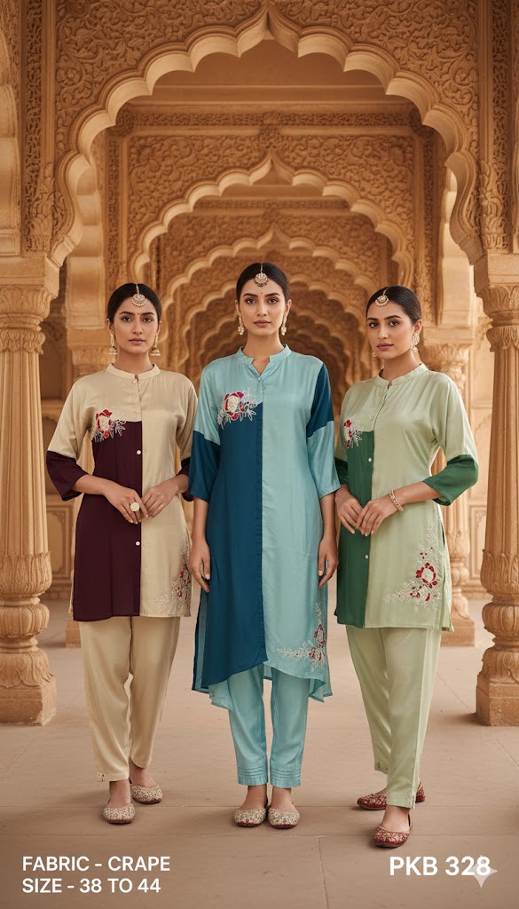 Colourblock Crepe Mandarin-Collar Kurta Pant Set